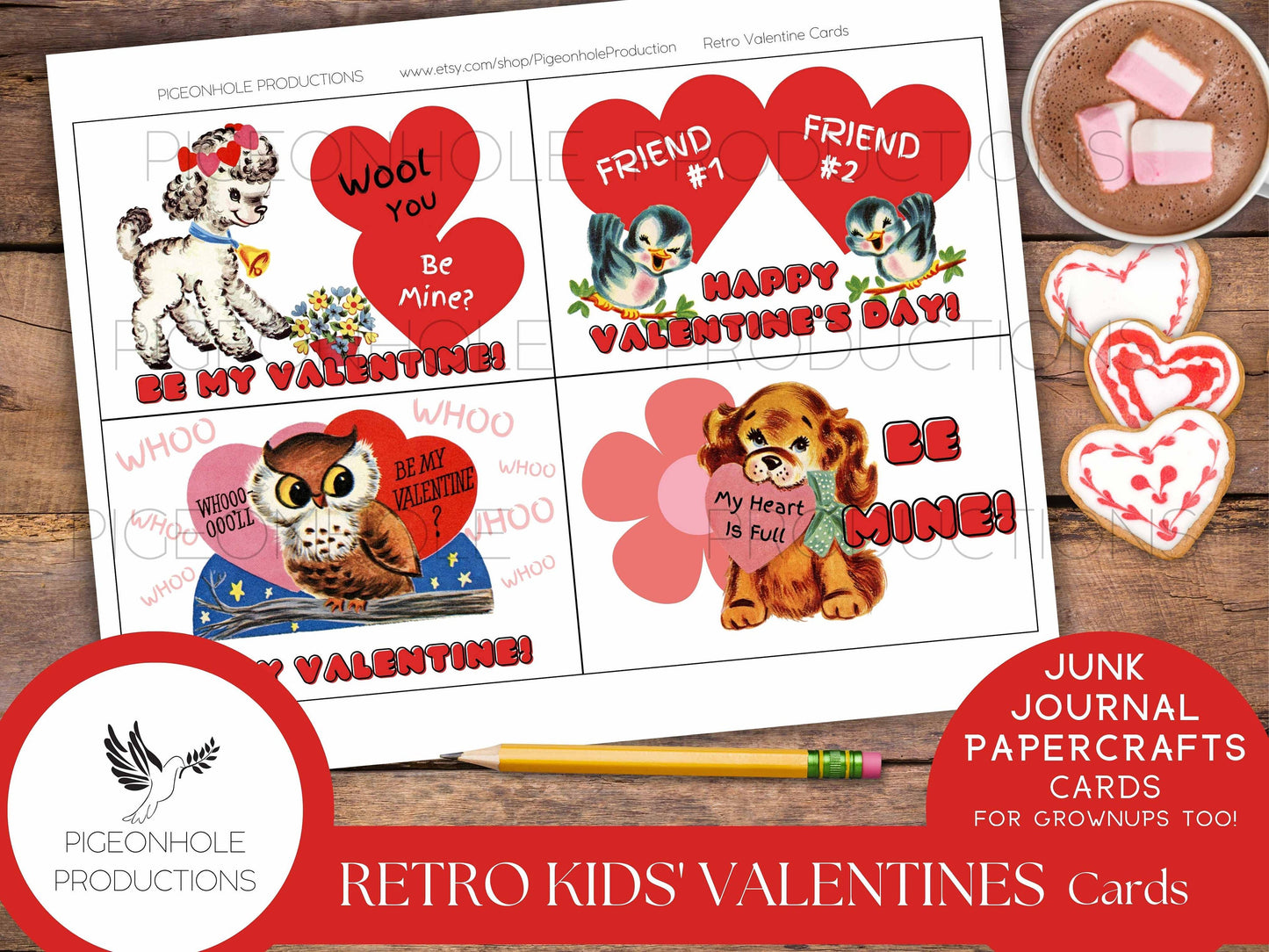 Retro Valentine Cards—PRINTABLE—24 cards—junk journals, papercrafts, card making—for kids & grownups—retro Valentine card pouch included