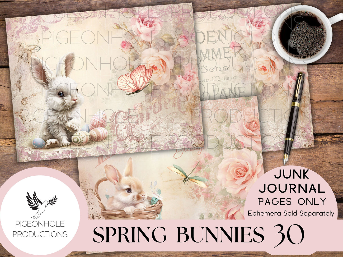 Spring Bunnies Junk Journal Pages, PRINTABLE, Easter, 30 collaged, lined, unlined journal pages for scrapbooking, card making, paper crafts