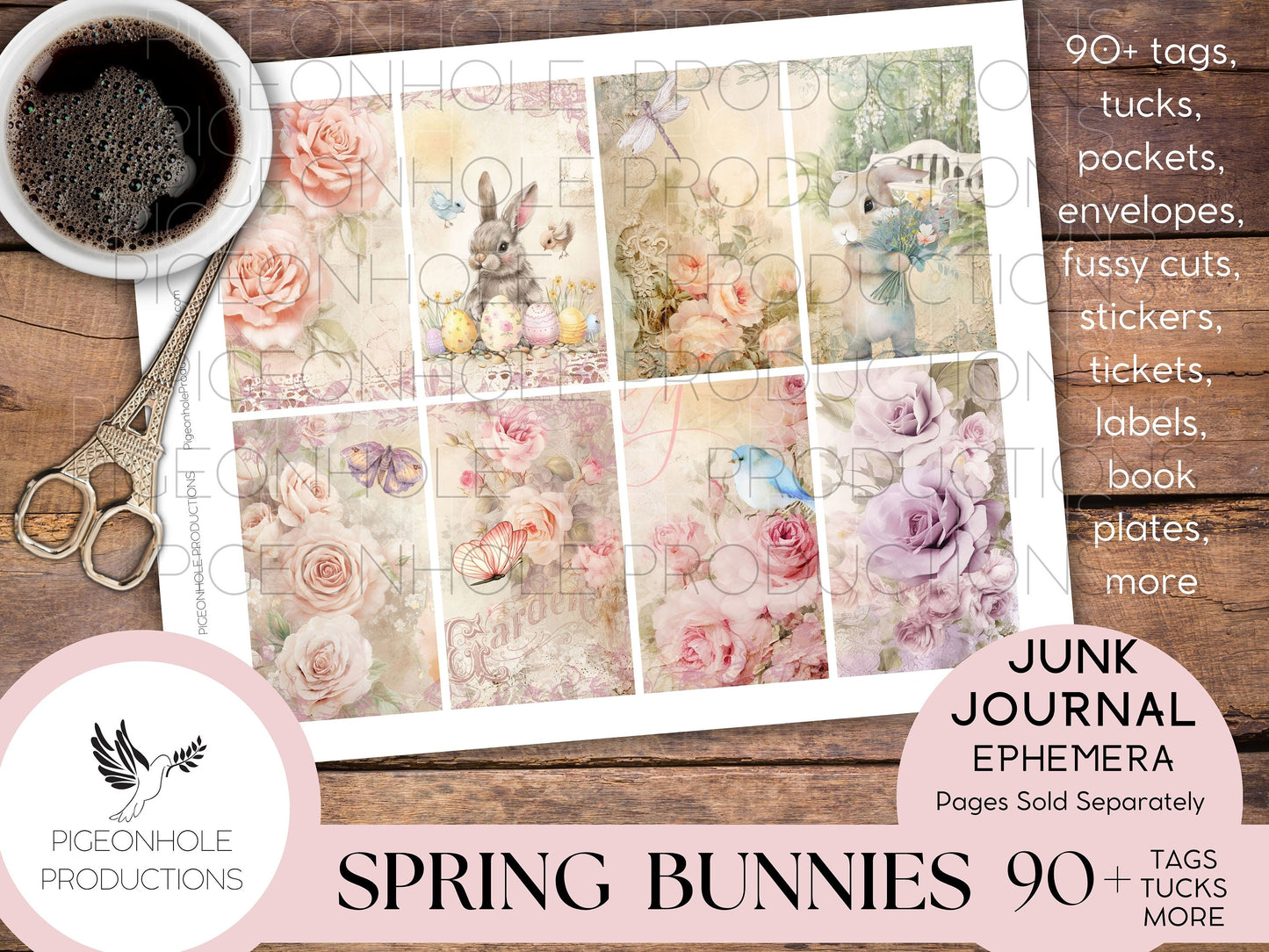 Spring Bunnies Junk Journal EPHEMERA, PRINTABLE, Easter, 90+ tags, pockets, envelopes, fussy cuts, stickers, tickets, labels, bookplates