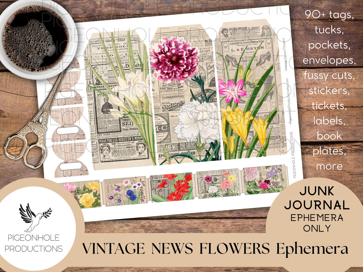 Vintage News Flowers Junk Journal EPHEMERA, PRINTABLE, 90+ tags, pockets, envelopes, fussy cuts, stickers, tickets, labels, bookplates, more
