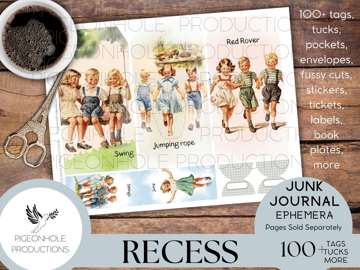 Recess Junk Journal EPHEMERA, PRINTABLE, 70+ tags, tucks, pockets, envelopes, fussy cuts, stickers, tickets, labels, bookplates, more!