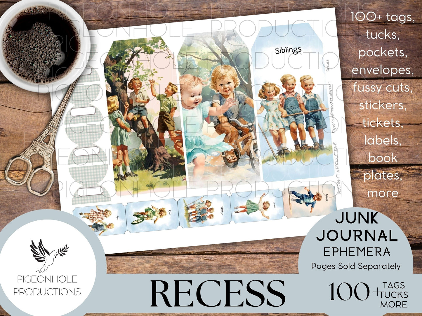 Recess Junk Journal EPHEMERA, PRINTABLE, 70+ tags, tucks, pockets, envelopes, fussy cuts, stickers, tickets, labels, bookplates, more!