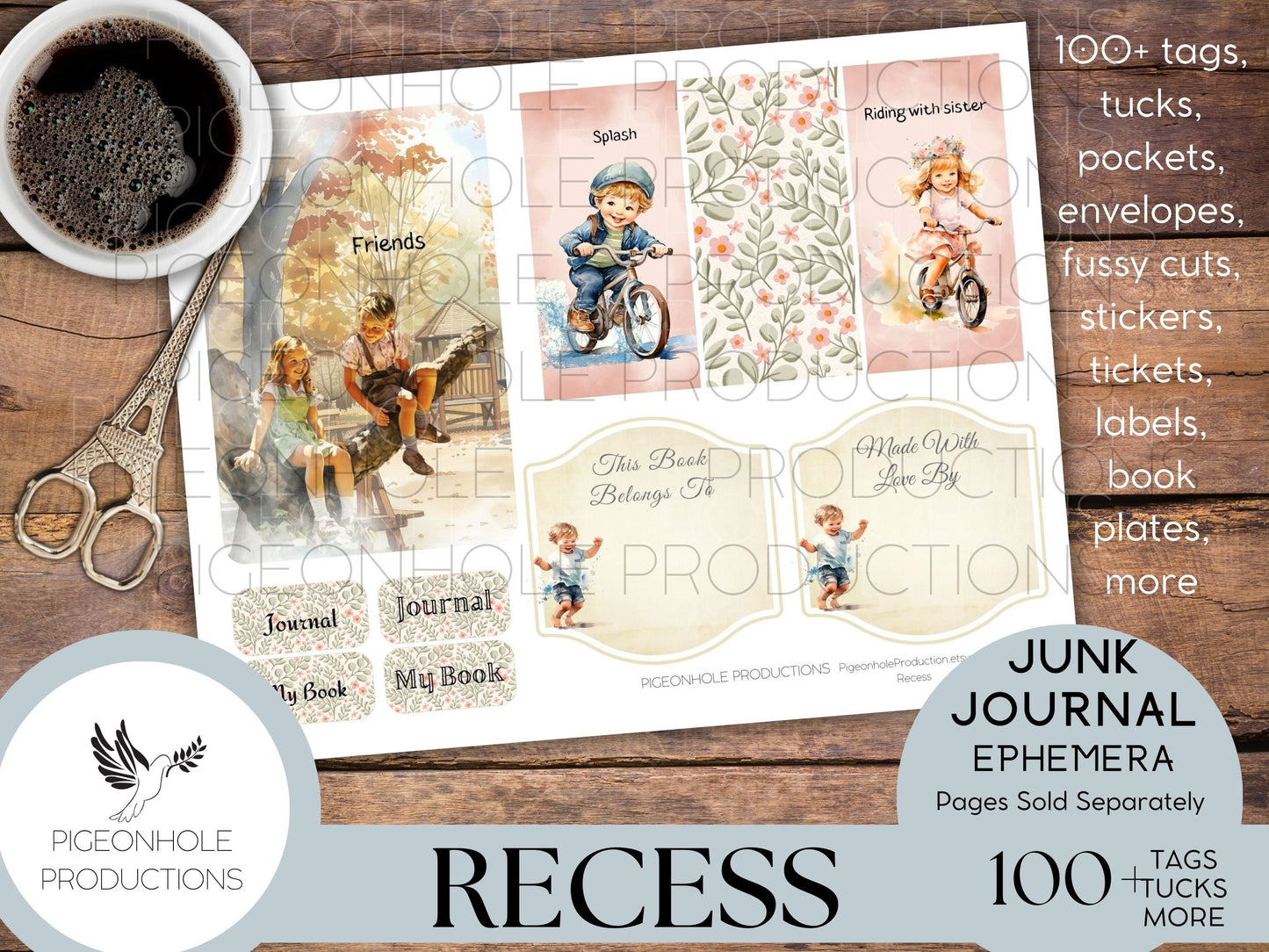 Recess Junk Journal EPHEMERA, PRINTABLE, 70+ tags, tucks, pockets, envelopes, fussy cuts, stickers, tickets, labels, bookplates, more!