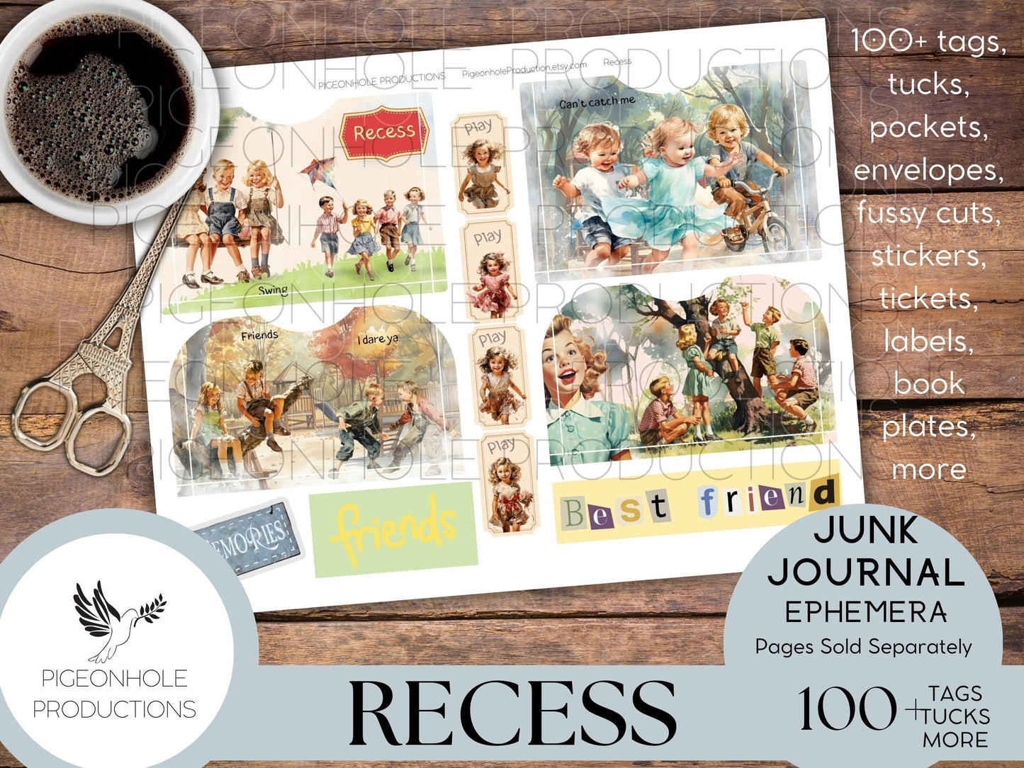 Recess Junk Journal EPHEMERA, PRINTABLE, 70+ tags, tucks, pockets, envelopes, fussy cuts, stickers, tickets, labels, bookplates, more!