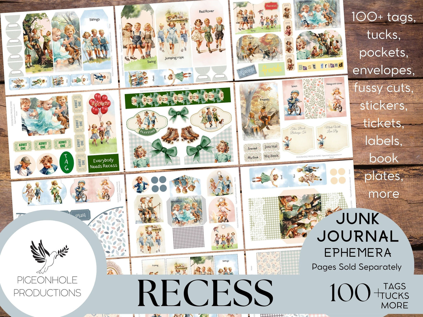 Recess Junk Journal EPHEMERA, PRINTABLE, 70+ tags, tucks, pockets, envelopes, fussy cuts, stickers, tickets, labels, bookplates, more!