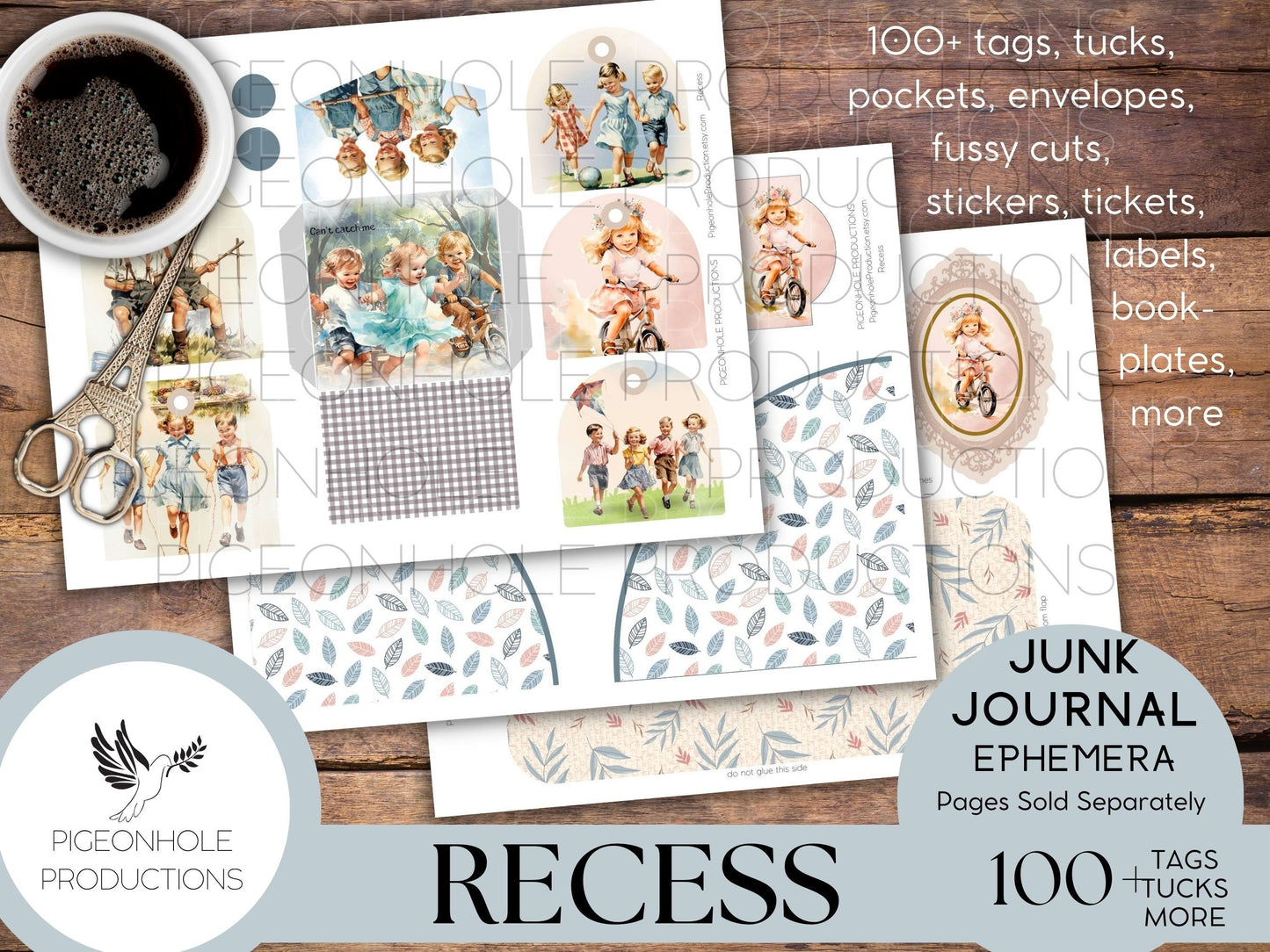 Recess Junk Journal EPHEMERA, PRINTABLE, 70+ tags, tucks, pockets, envelopes, fussy cuts, stickers, tickets, labels, bookplates, more!