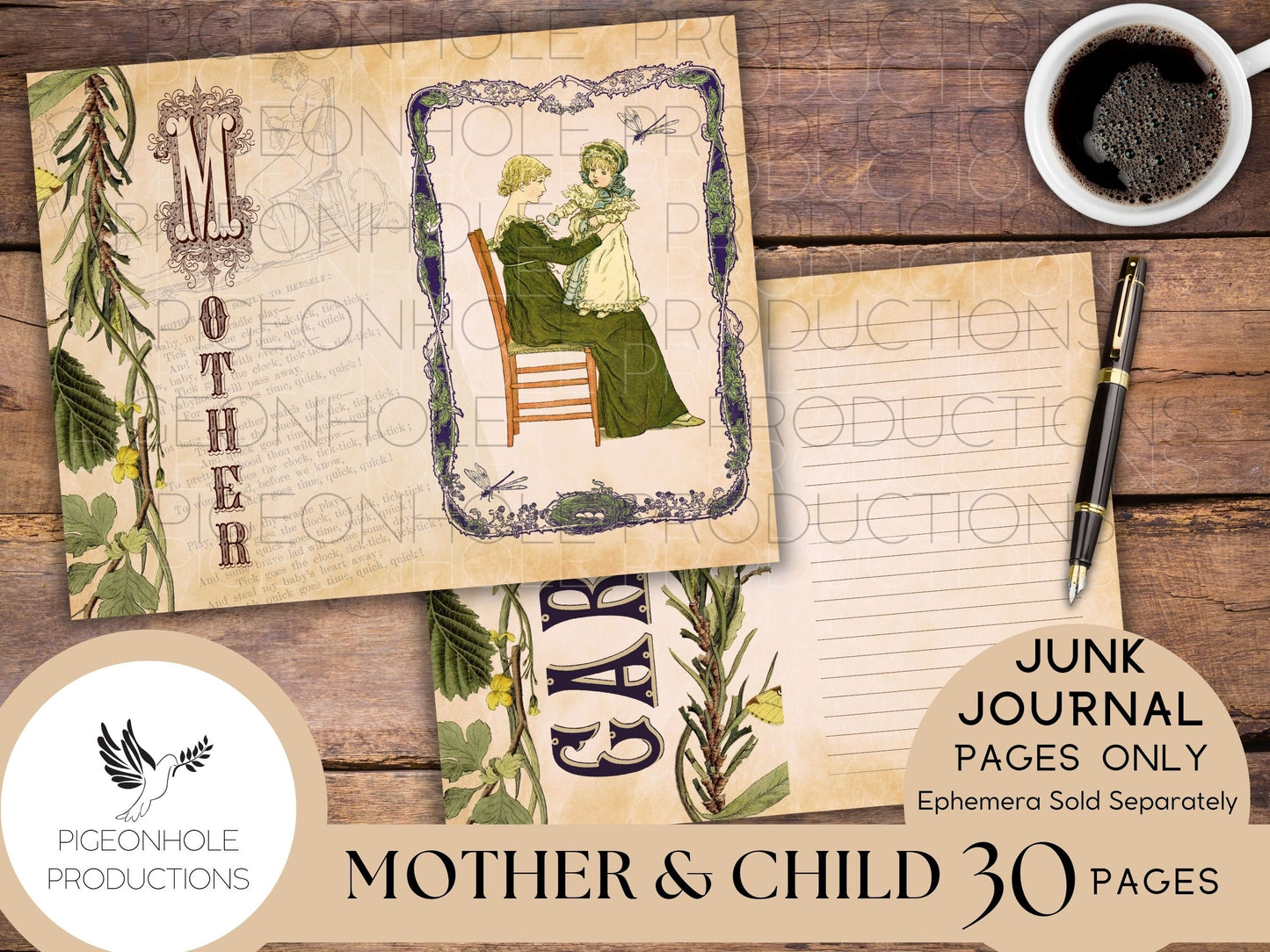 Mother & Child Junk Journal Pages Only Kit, PRINTABLE,30 collage, lined and unlined sheets tribute to the art of Kate Greenaway (1846-1901)