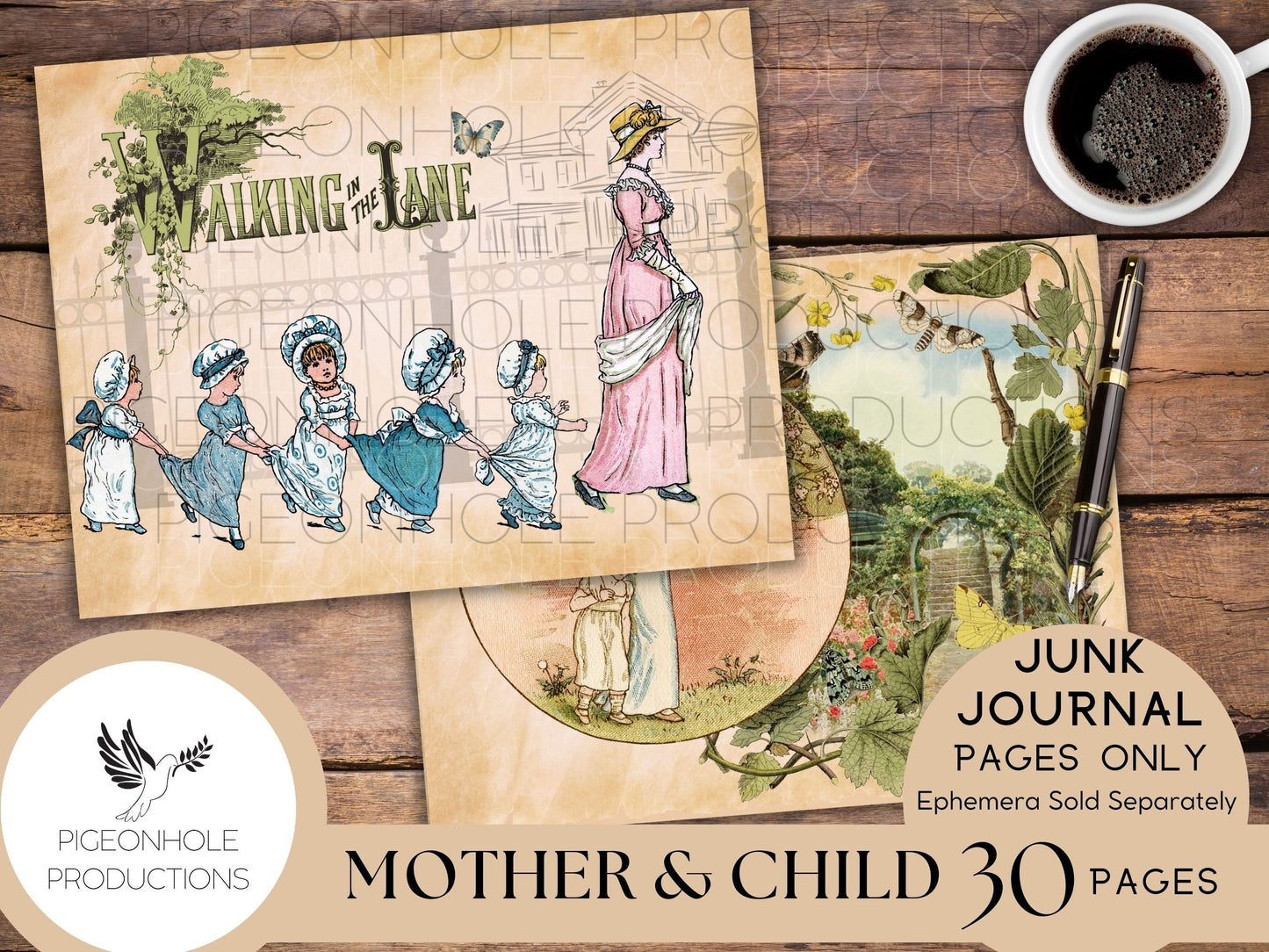 Mother & Child Junk Journal Pages Only Kit, PRINTABLE,30 collage, lined and unlined sheets tribute to the art of Kate Greenaway (1846-1901)