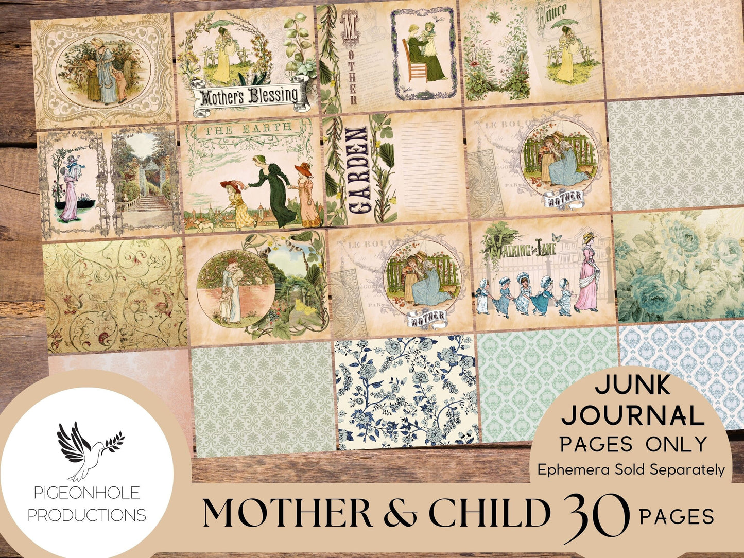 Mother & Child Junk Journal Pages Only Kit, PRINTABLE,30 collage, lined and unlined sheets tribute to the art of Kate Greenaway (1846-1901)
