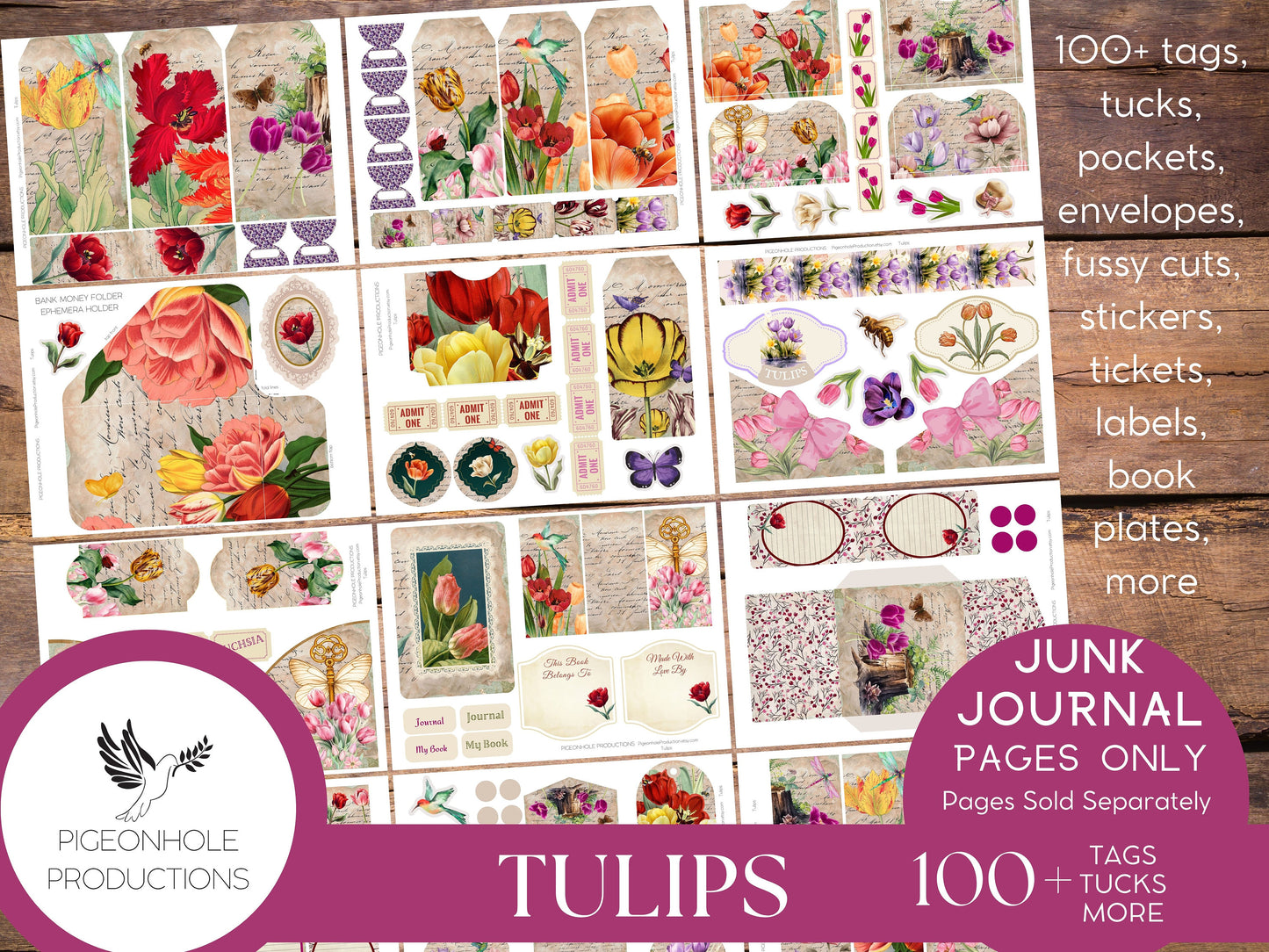 Tulips Junk Journal EPHEMERA, PRINTABLE, 70+ tags, tucks, pockets, envelopes, fussy cuts, stickers, tickets, labels, bookplates, more!