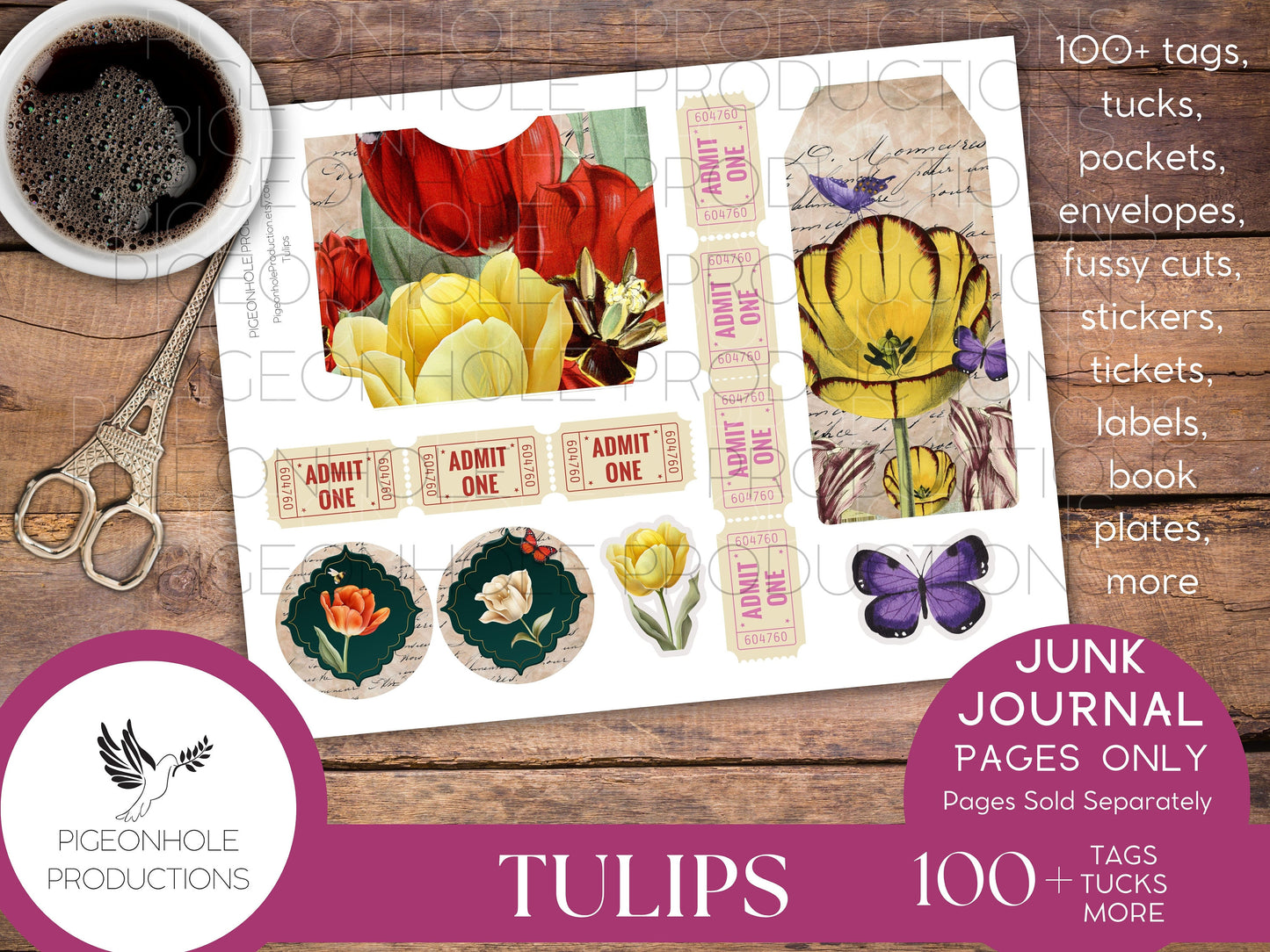 Tulips Junk Journal EPHEMERA, PRINTABLE, 70+ tags, tucks, pockets, envelopes, fussy cuts, stickers, tickets, labels, bookplates, more!
