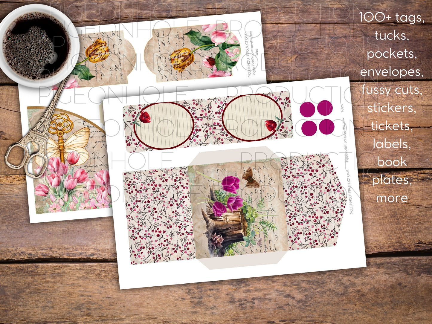 Tulips Junk Journal EPHEMERA, PRINTABLE, 70+ tags, tucks, pockets, envelopes, fussy cuts, stickers, tickets, labels, bookplates, more!