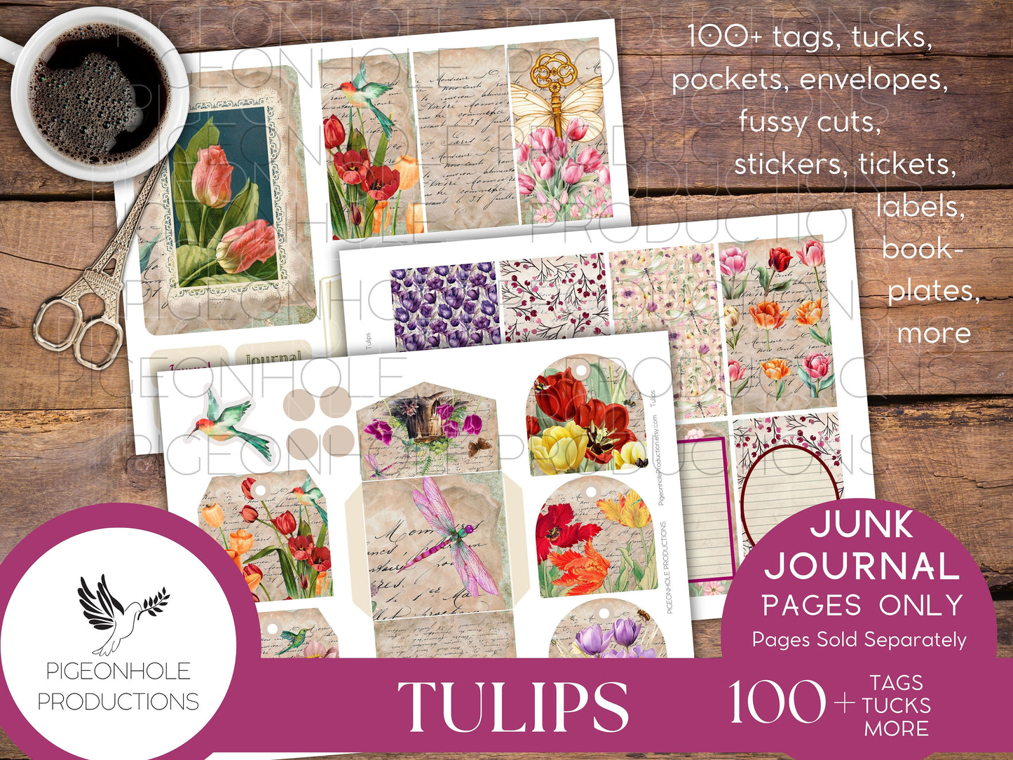 Tulips Junk Journal EPHEMERA, PRINTABLE, 70+ tags, tucks, pockets, envelopes, fussy cuts, stickers, tickets, labels, bookplates, more!