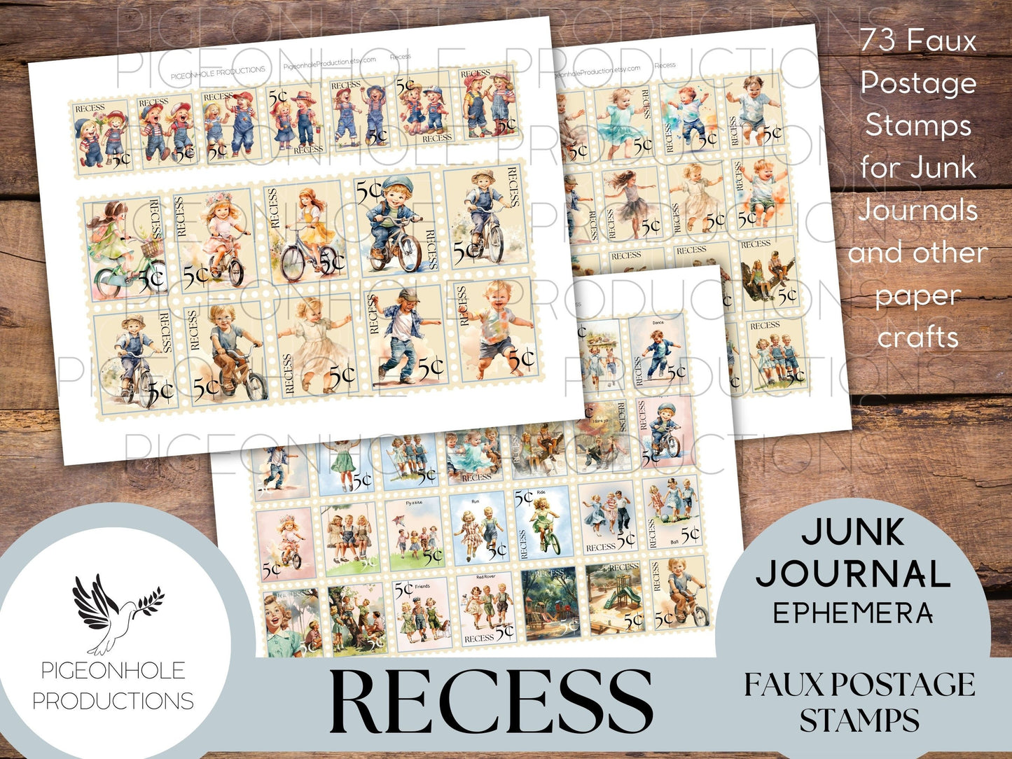 Recess Faux Postage Stamps—PRINTABLE—Use in junk journals, planners, scrapbooking, collage, or print on sticker paper for stickers