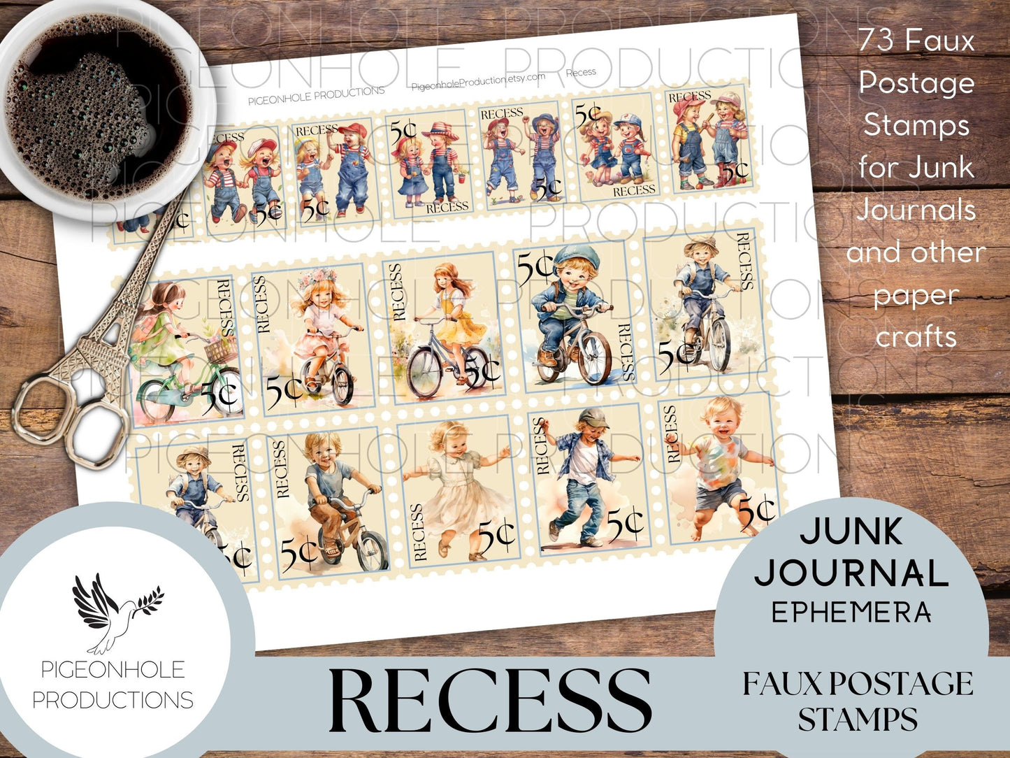 Recess Faux Postage Stamps—PRINTABLE—Use in junk journals, planners, scrapbooking, collage, or print on sticker paper for stickers