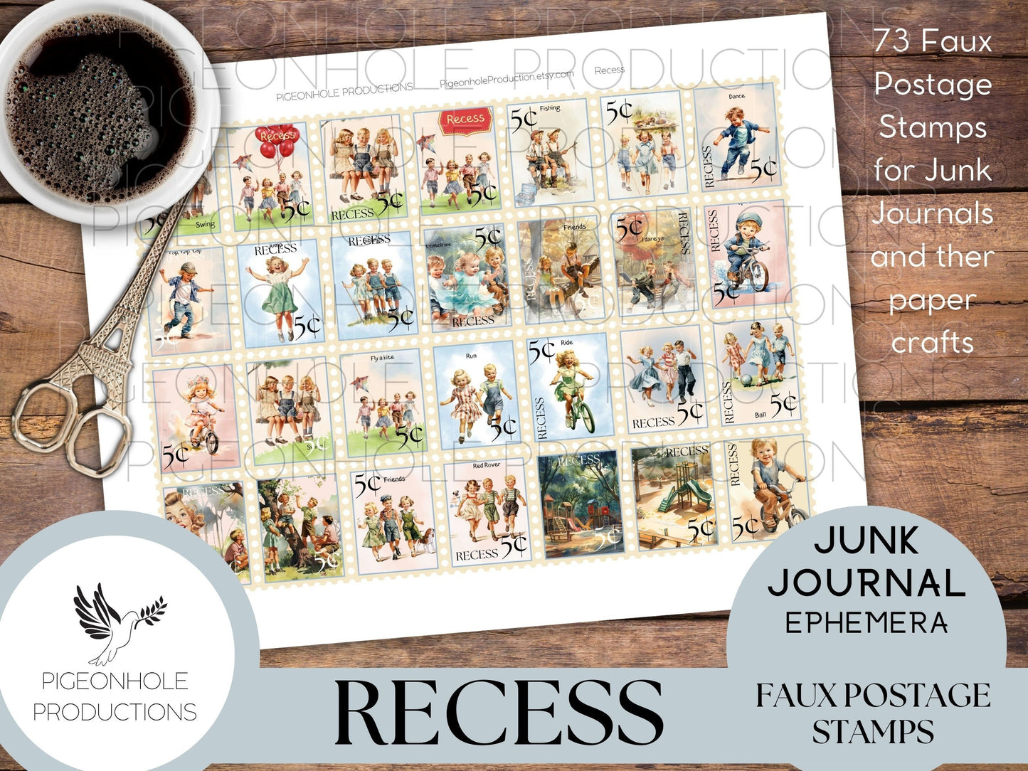 Recess Faux Postage Stamps—PRINTABLE—Use in junk journals, planners, scrapbooking, collage, or print on sticker paper for stickers