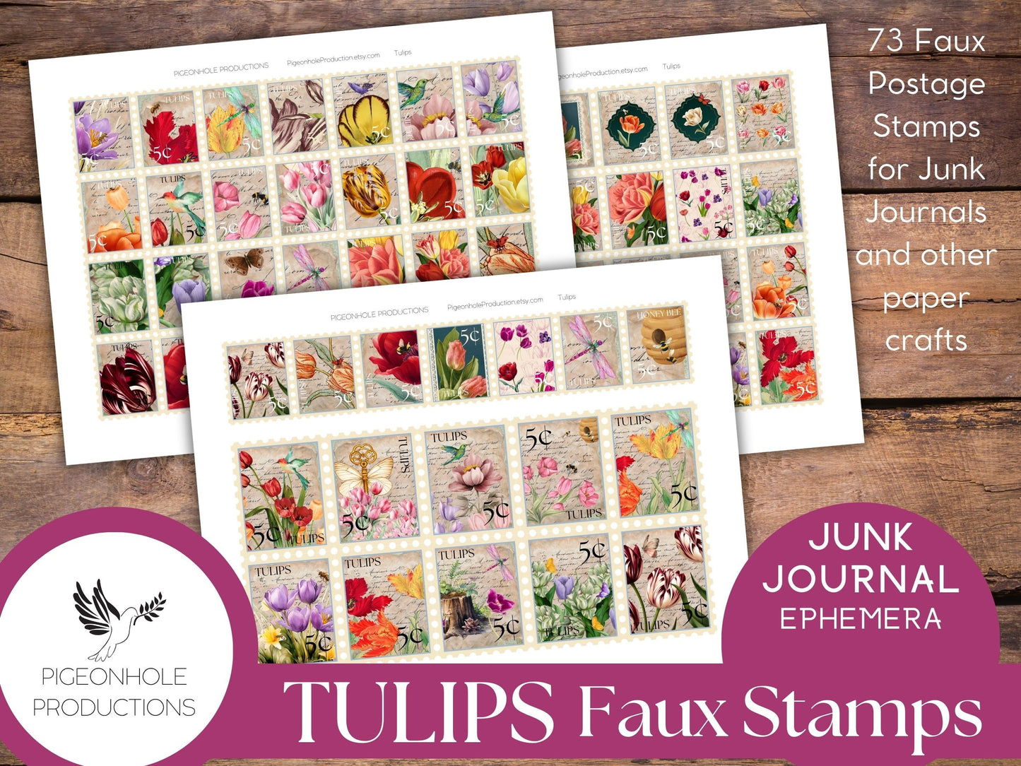 Tulips Faux Postage Stamps—PRINTABLE—Use in junk journals, planners, scrapbooking, collage, or print on sticker paper for stickers, fun!