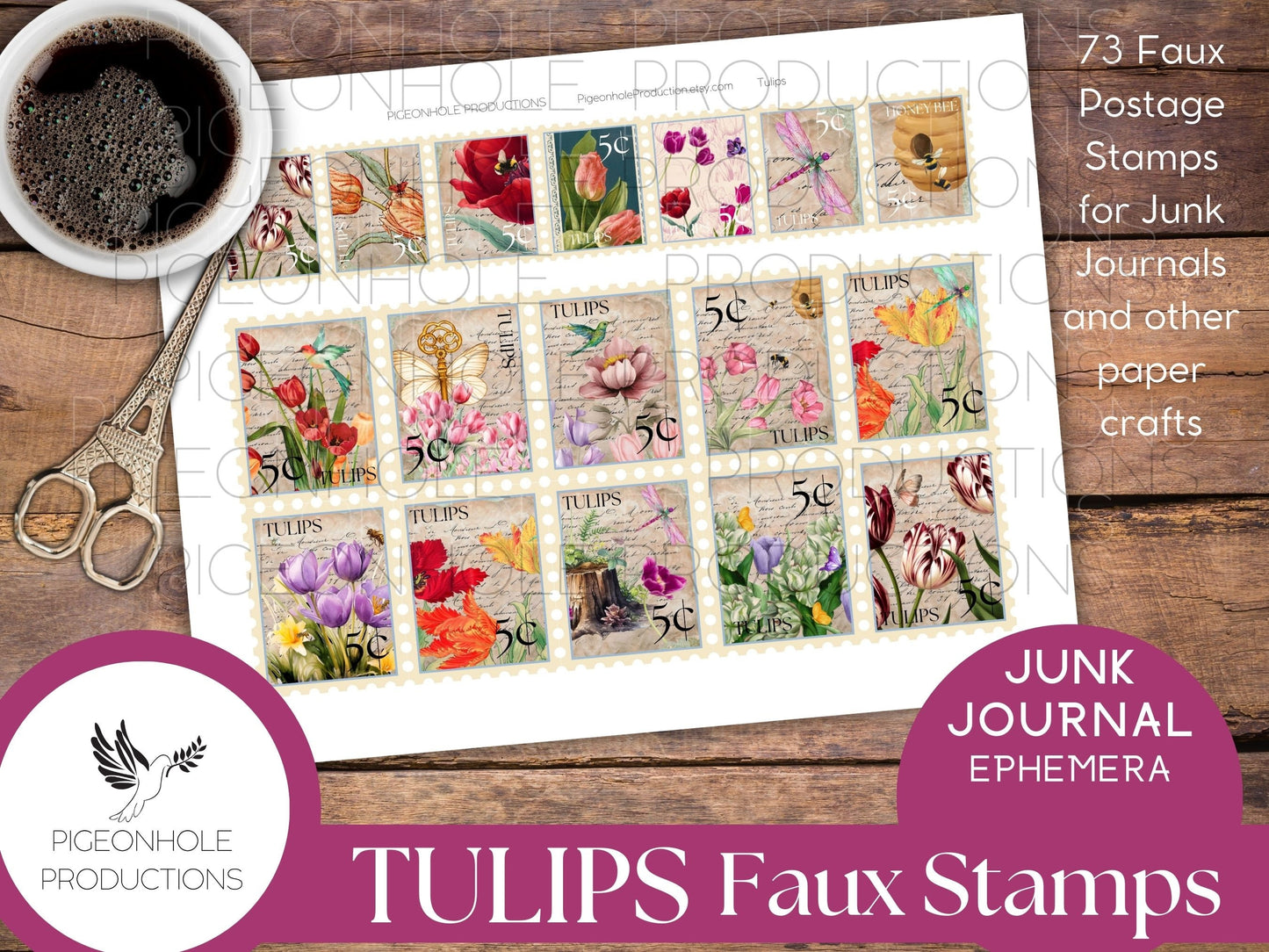 Tulips Faux Postage Stamps—PRINTABLE—Use in junk journals, planners, scrapbooking, collage, or print on sticker paper for stickers, fun!