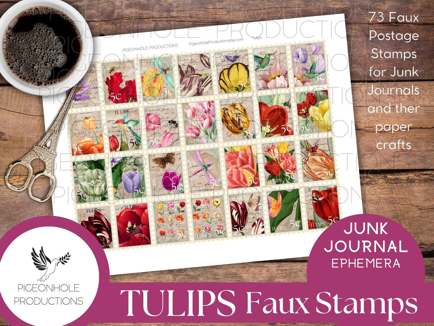 Tulips Faux Postage Stamps—PRINTABLE—Use in junk journals, planners, scrapbooking, collage, or print on sticker paper for stickers, fun!