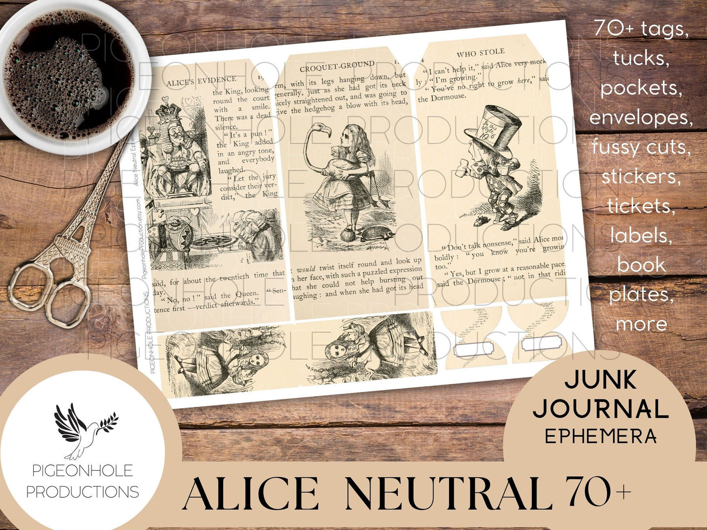 Alice In Wonderland NEUTRAL Junk Journal EPHEMERA, PRINTABLE, 70+ tags, tucks, pockets, envelopes, stickers, tickets, labels, bookplates
