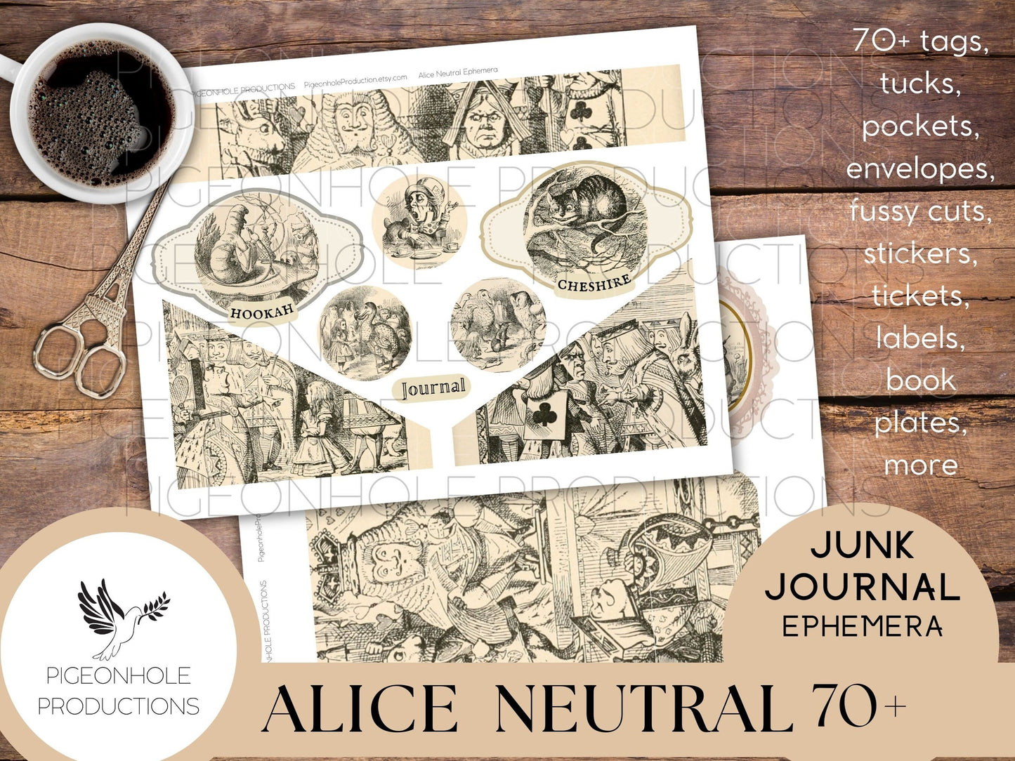 Alice In Wonderland NEUTRAL Junk Journal EPHEMERA, PRINTABLE, 70+ tags, tucks, pockets, envelopes, stickers, tickets, labels, bookplates