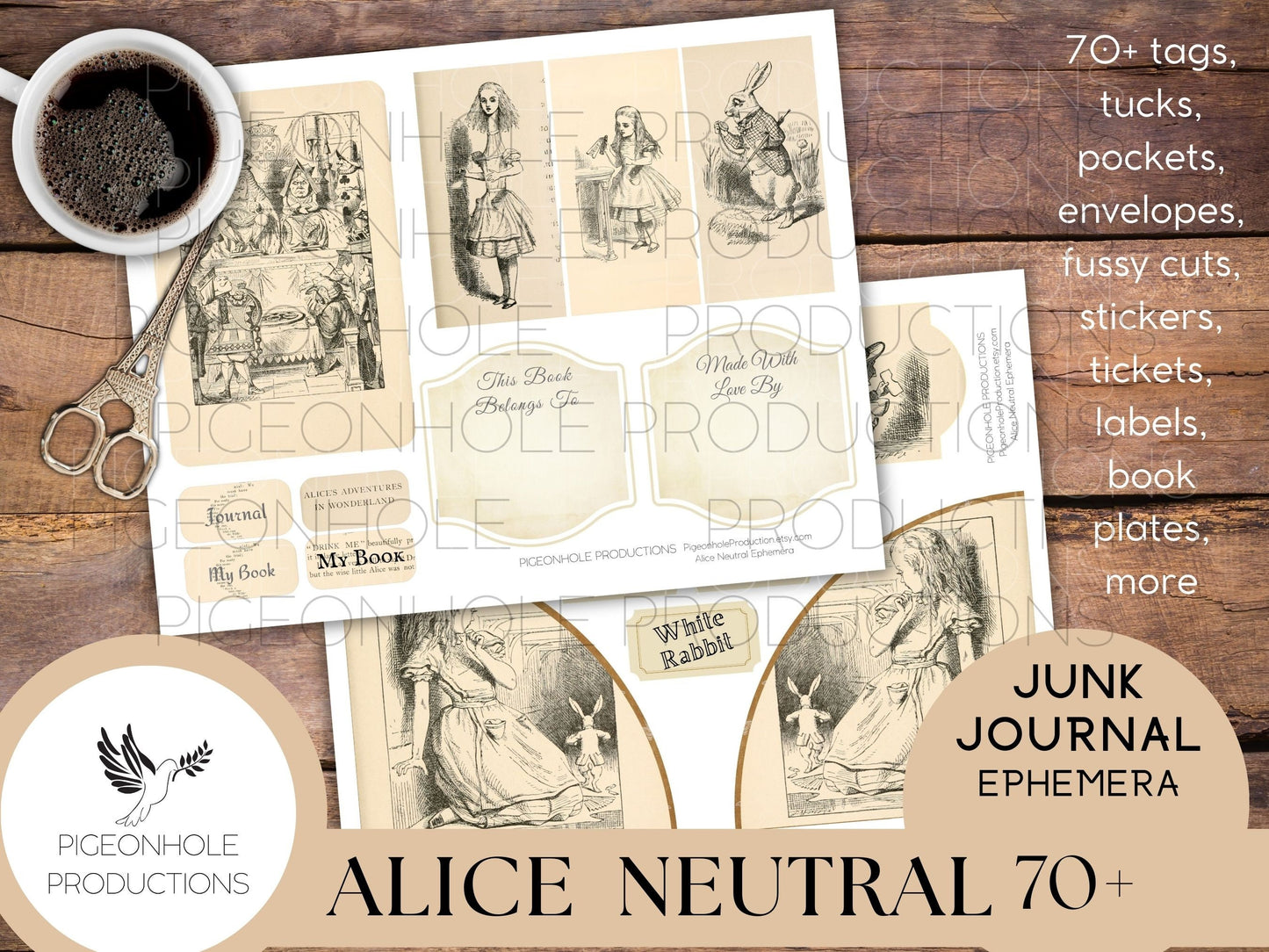 Alice In Wonderland NEUTRAL Junk Journal EPHEMERA, PRINTABLE, 70+ tags, tucks, pockets, envelopes, stickers, tickets, labels, bookplates