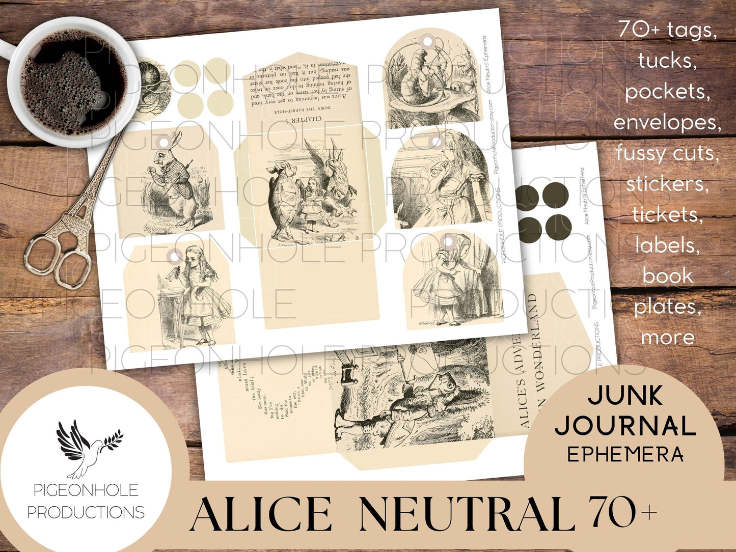 Alice In Wonderland NEUTRAL Junk Journal EPHEMERA, PRINTABLE, 70+ tags, tucks, pockets, envelopes, stickers, tickets, labels, bookplates