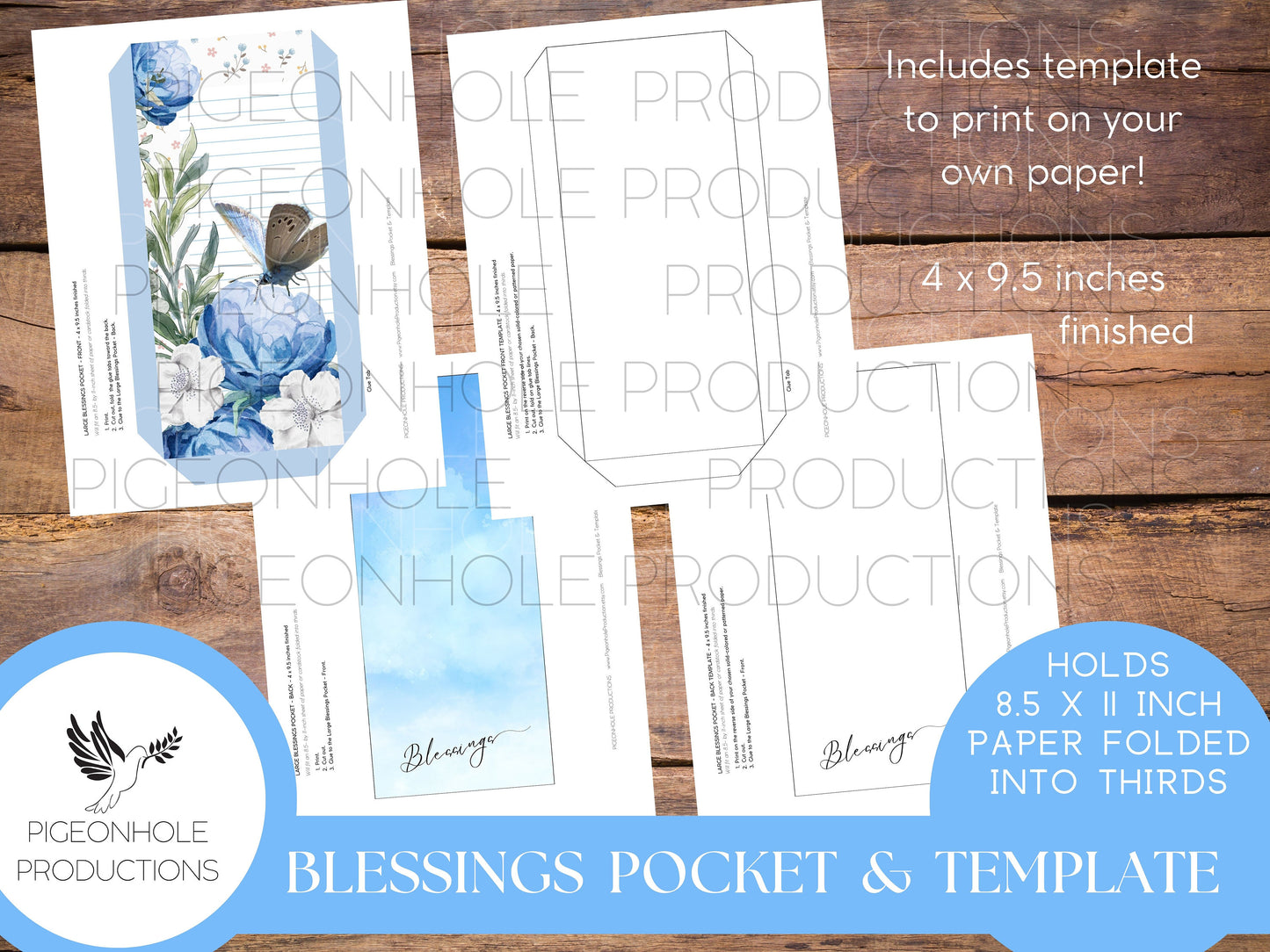 Blessings Large Pocket & Template, PRINTABLE, holds 8.5 x 11 inch paper or cardstock folded into thirds. Use as a large Junk Journal pocket.