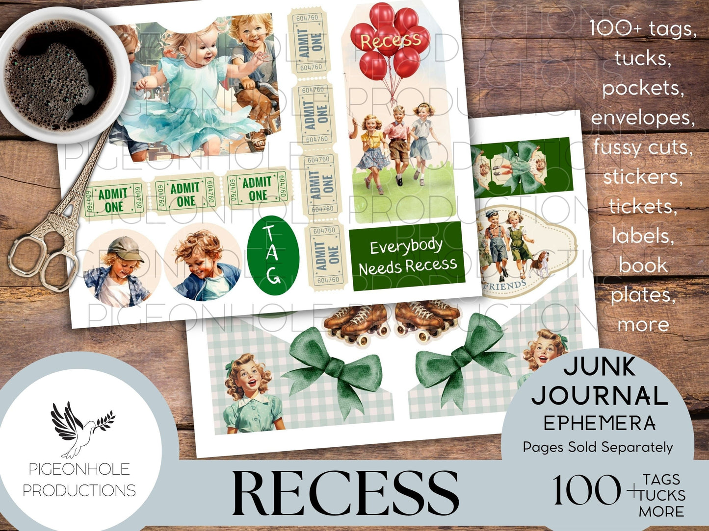Recess Junk Journal EPHEMERA, PRINTABLE, 70+ tags, tucks, pockets, envelopes, fussy cuts, stickers, tickets, labels, bookplates, more!