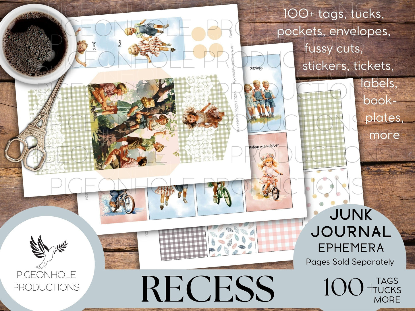 Recess Junk Journal EPHEMERA, PRINTABLE, 70+ tags, tucks, pockets, envelopes, fussy cuts, stickers, tickets, labels, bookplates, more!
