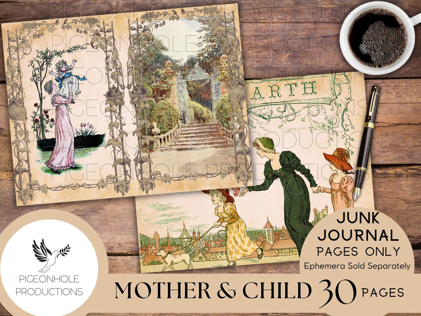 Mother & Child Junk Journal Pages Only Kit, PRINTABLE,30 collage, lined and unlined sheets tribute to the art of Kate Greenaway (1846-1901)
