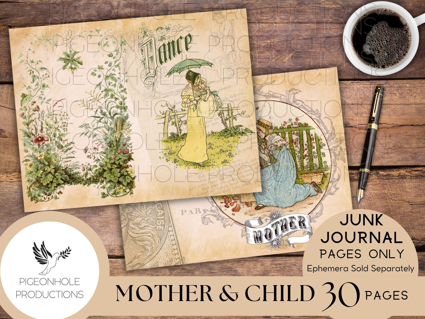 Mother & Child Junk Journal Pages Only Kit, PRINTABLE,30 collage, lined and unlined sheets tribute to the art of Kate Greenaway (1846-1901)
