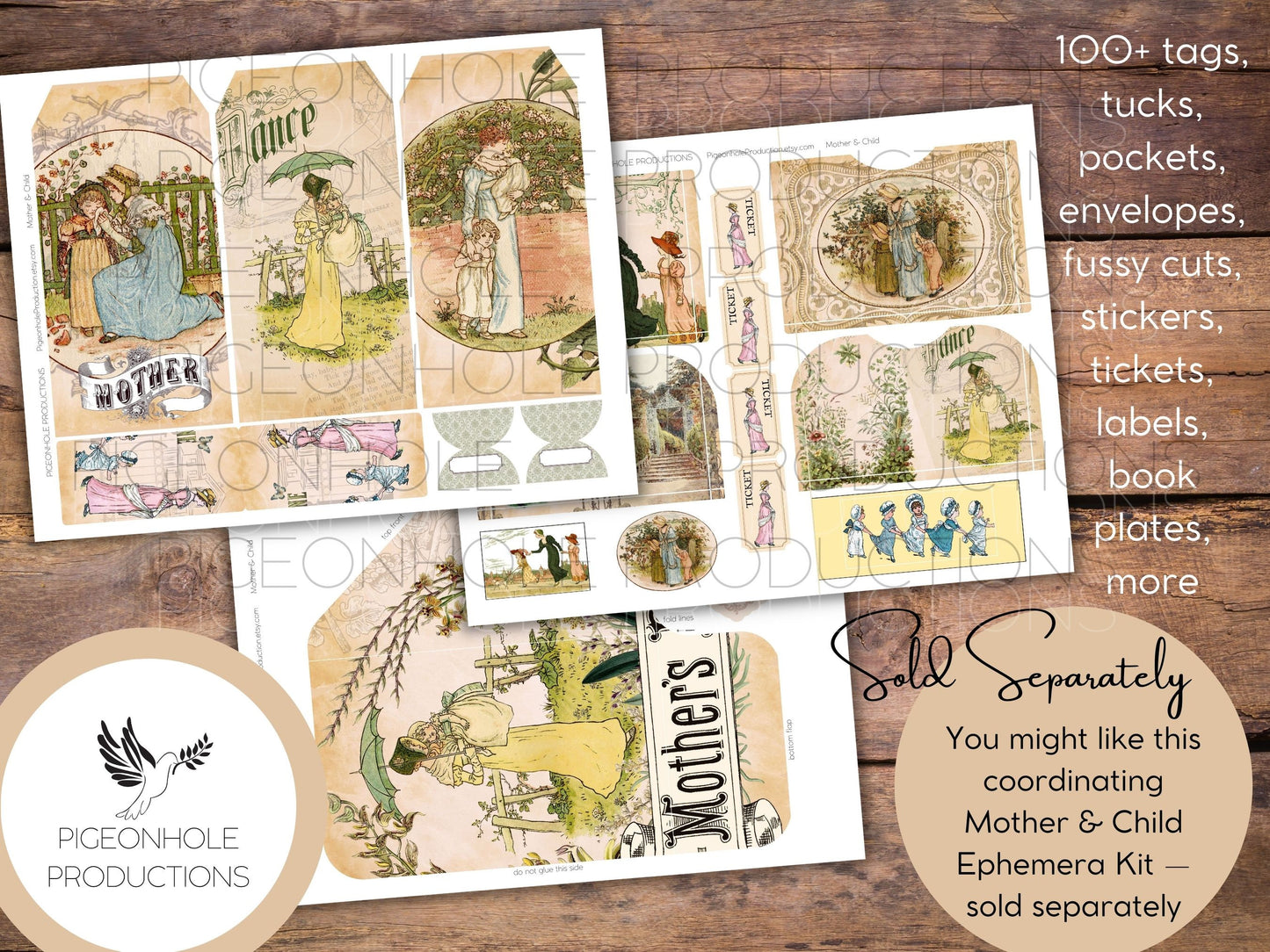 Mother & Child Junk Journal Pages Only Kit, PRINTABLE,30 collage, lined and unlined sheets tribute to the art of Kate Greenaway (1846-1901)