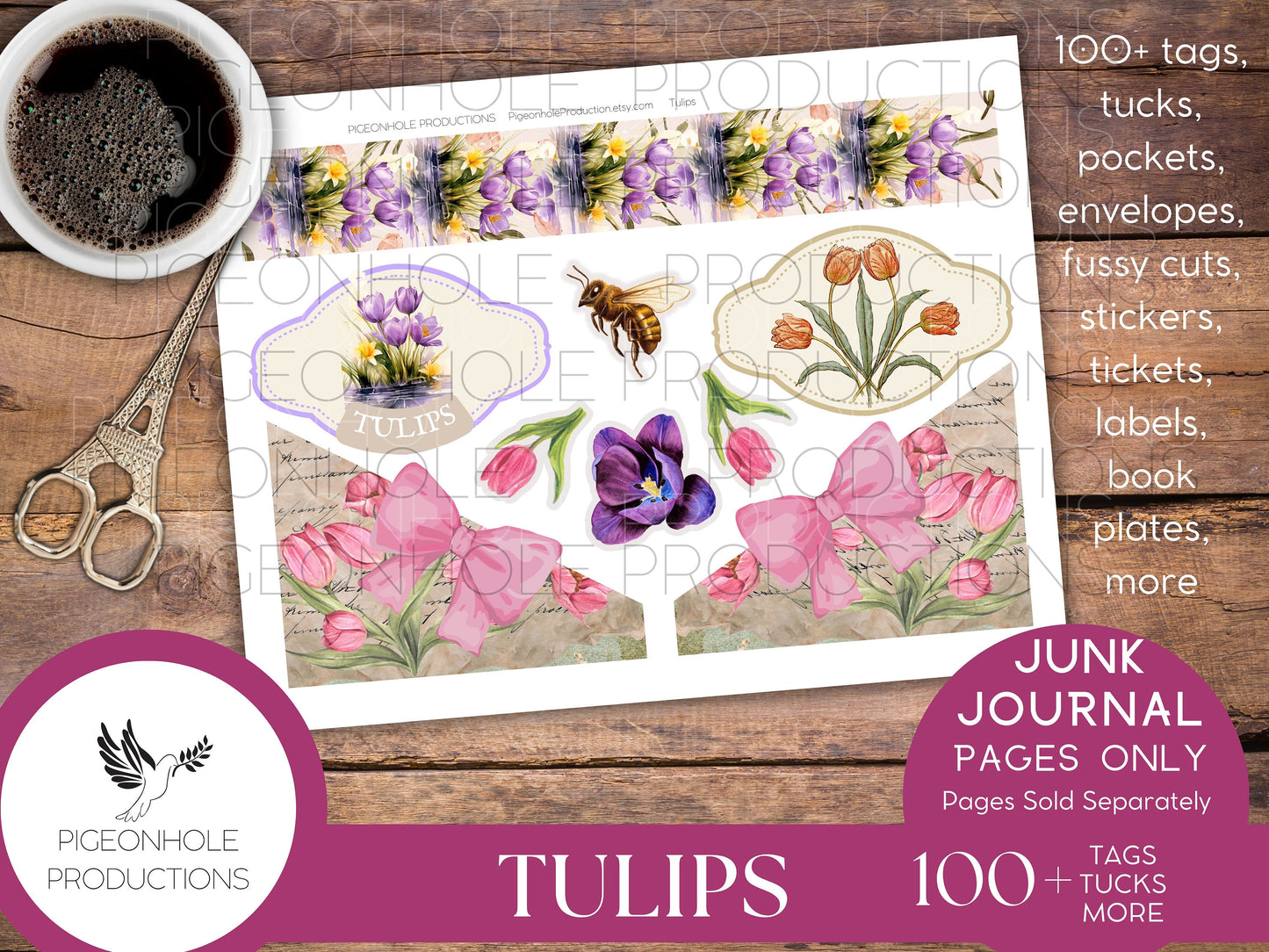 Tulips Junk Journal EPHEMERA, PRINTABLE, 70+ tags, tucks, pockets, envelopes, fussy cuts, stickers, tickets, labels, bookplates, more!