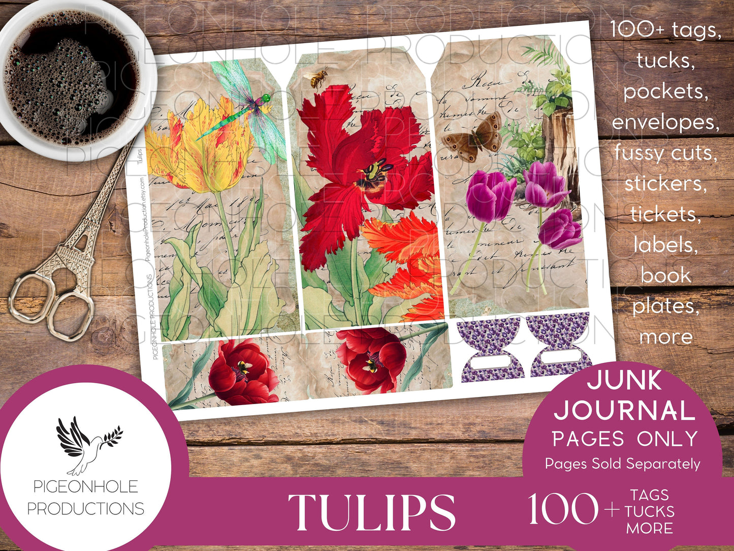 Tulips Junk Journal EPHEMERA, PRINTABLE, 70+ tags, tucks, pockets, envelopes, fussy cuts, stickers, tickets, labels, bookplates, more!