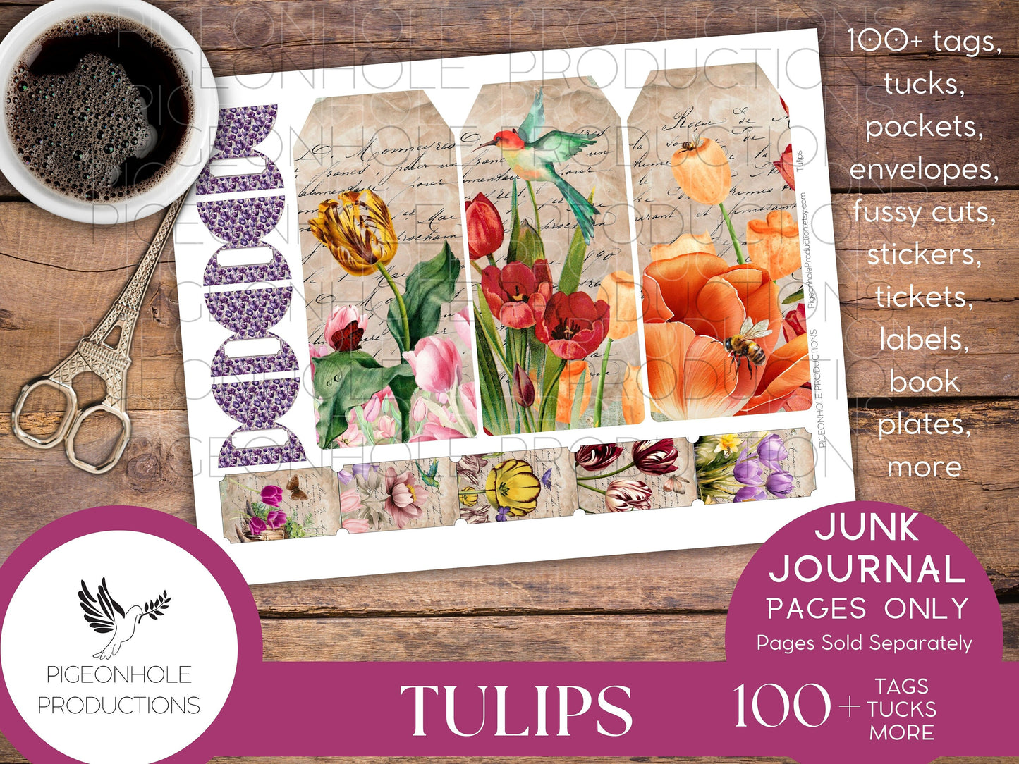 Tulips Junk Journal EPHEMERA, PRINTABLE, 70+ tags, tucks, pockets, envelopes, fussy cuts, stickers, tickets, labels, bookplates, more!
