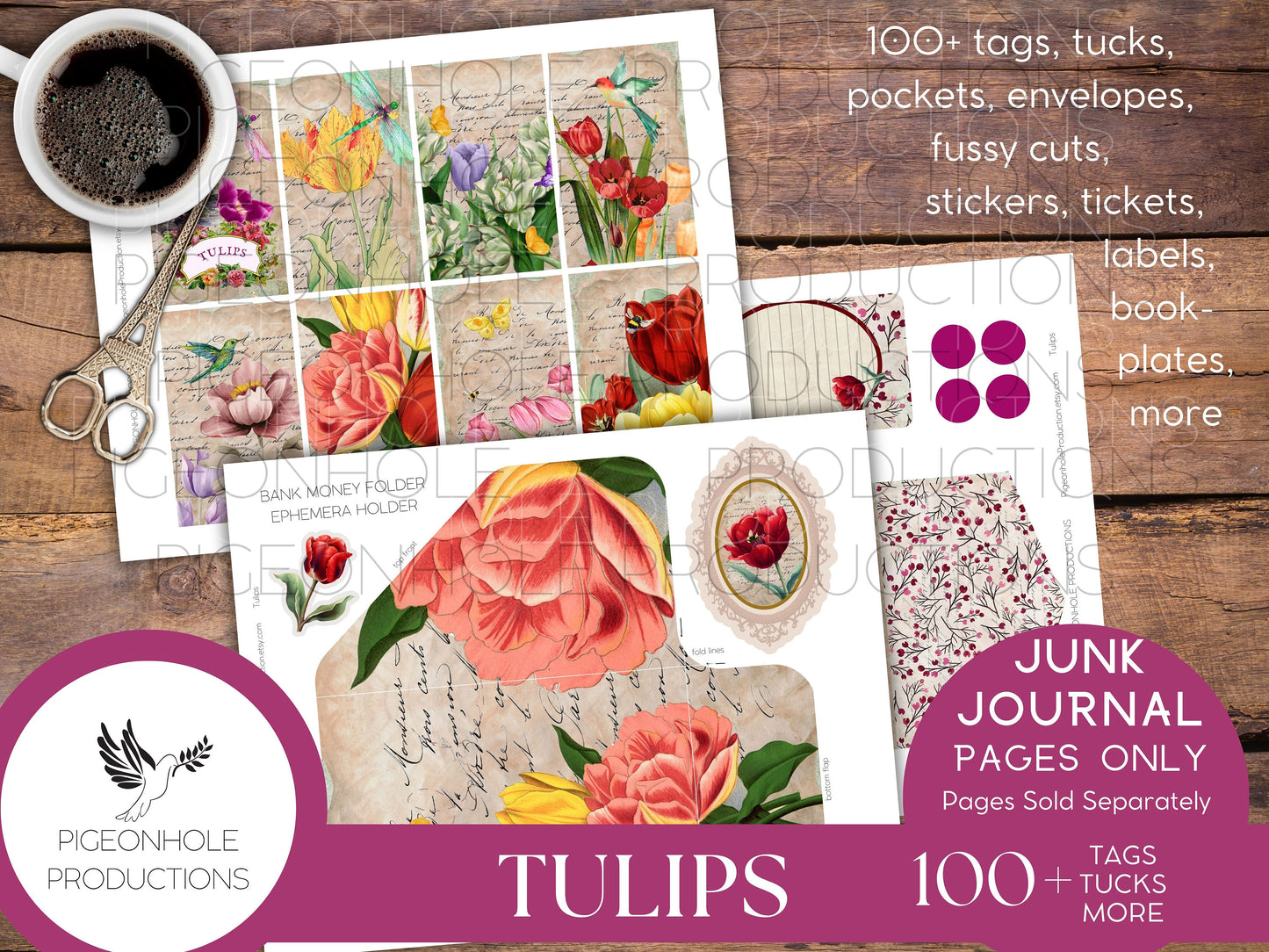 Tulips Junk Journal EPHEMERA, PRINTABLE, 70+ tags, tucks, pockets, envelopes, fussy cuts, stickers, tickets, labels, bookplates, more!