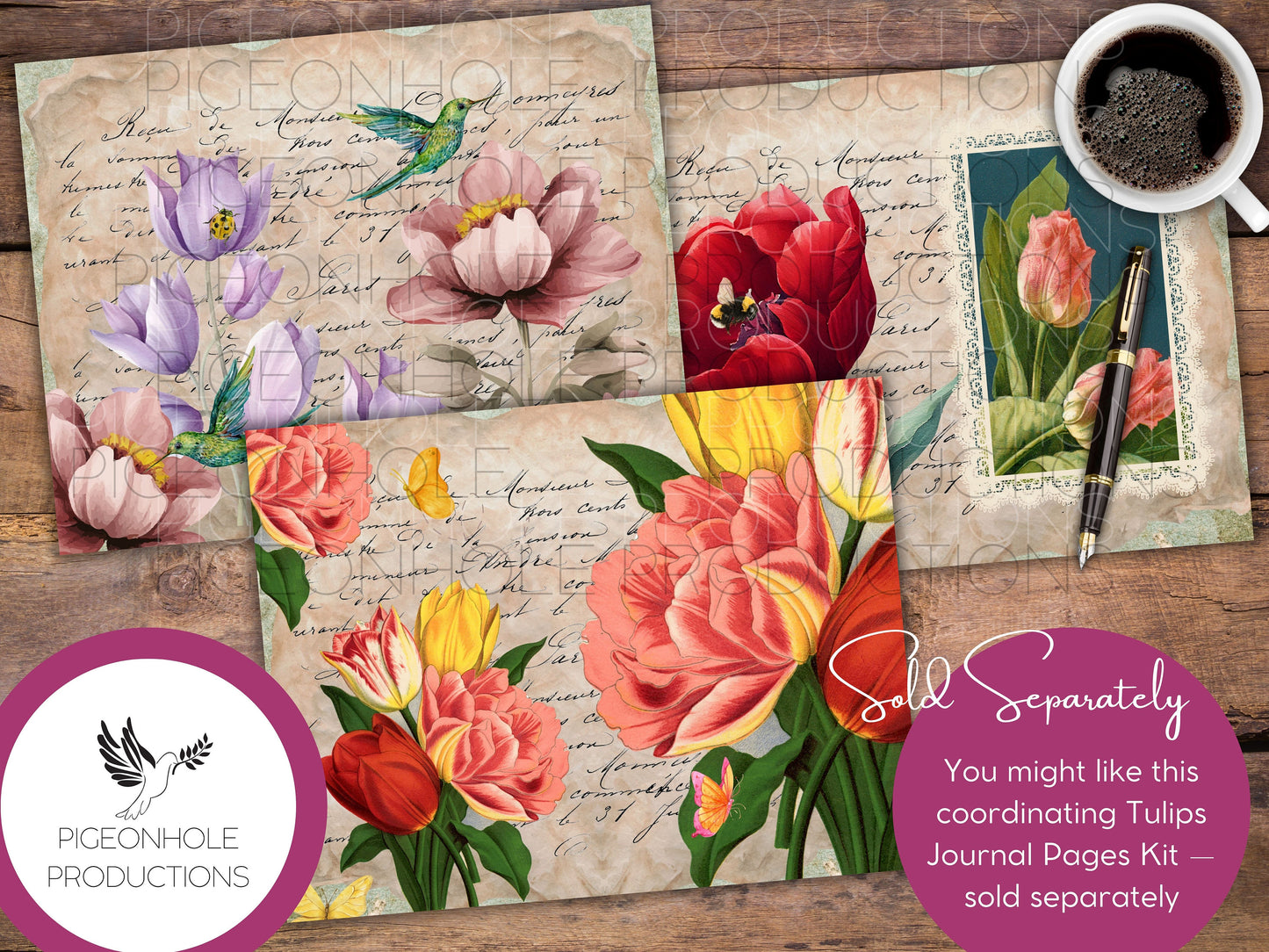 Tulips Junk Journal EPHEMERA, PRINTABLE, 70+ tags, tucks, pockets, envelopes, fussy cuts, stickers, tickets, labels, bookplates, more!