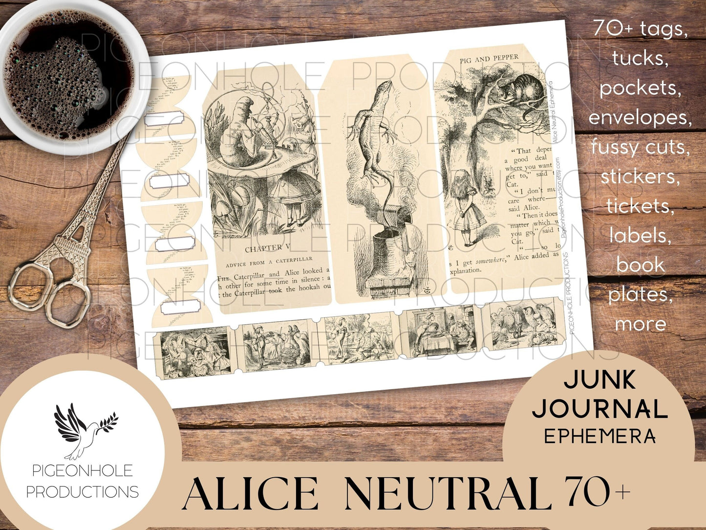 Alice In Wonderland NEUTRAL Junk Journal EPHEMERA, PRINTABLE, 70+ tags, tucks, pockets, envelopes, stickers, tickets, labels, bookplates