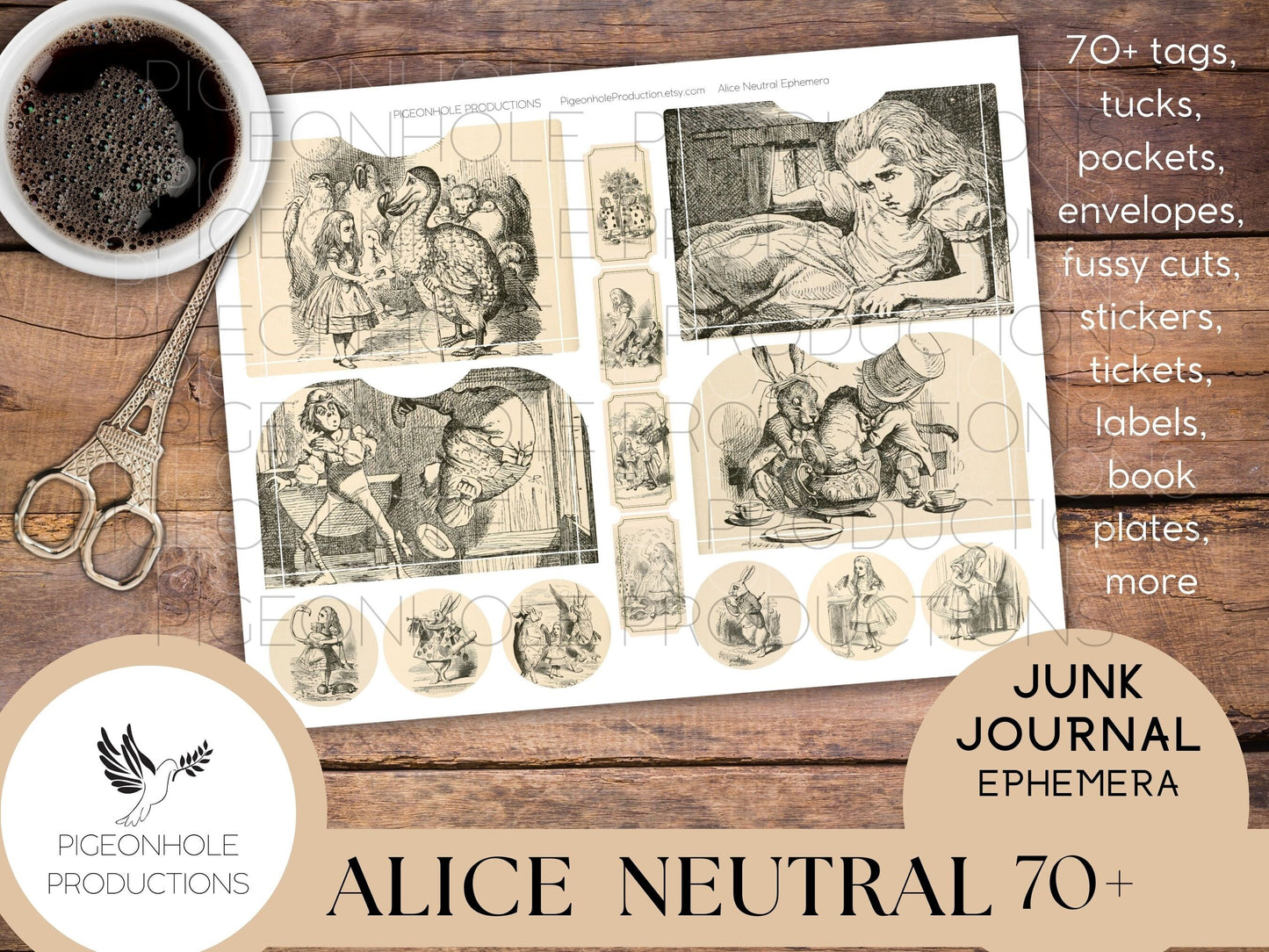 Alice In Wonderland NEUTRAL Junk Journal EPHEMERA, PRINTABLE, 70+ tags, tucks, pockets, envelopes, stickers, tickets, labels, bookplates
