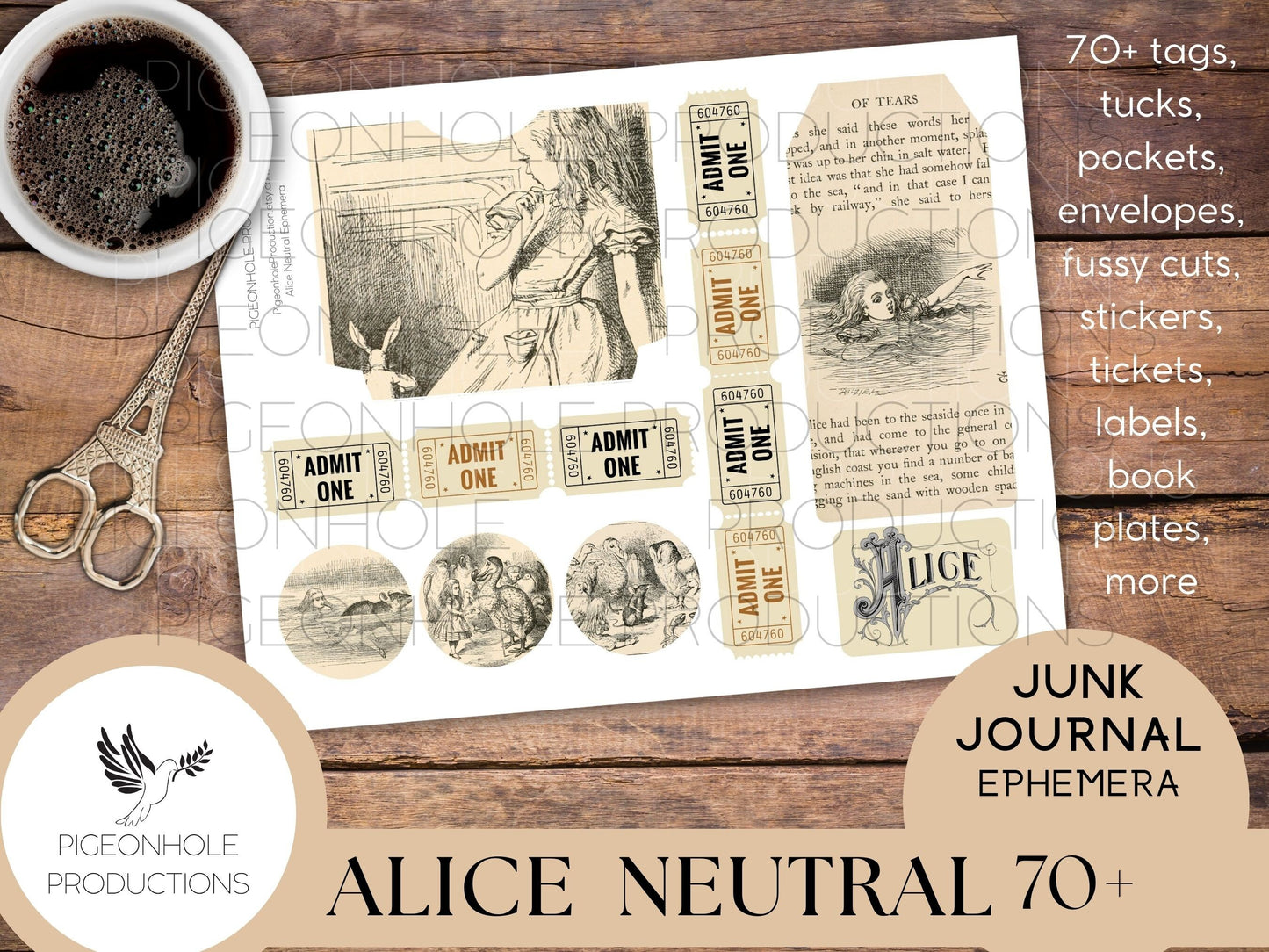 Alice In Wonderland NEUTRAL Junk Journal EPHEMERA, PRINTABLE, 70+ tags, tucks, pockets, envelopes, stickers, tickets, labels, bookplates