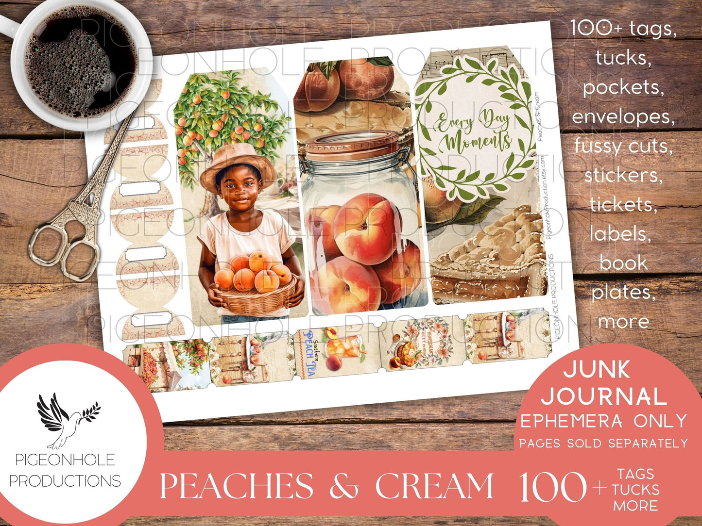 Peaches & Cream Junk Journal EPHEMERA, PRINTABLE, 95 tags, tucks, pockets, envelopes, fussy cuts, stickers, tickets, labels, bookplates