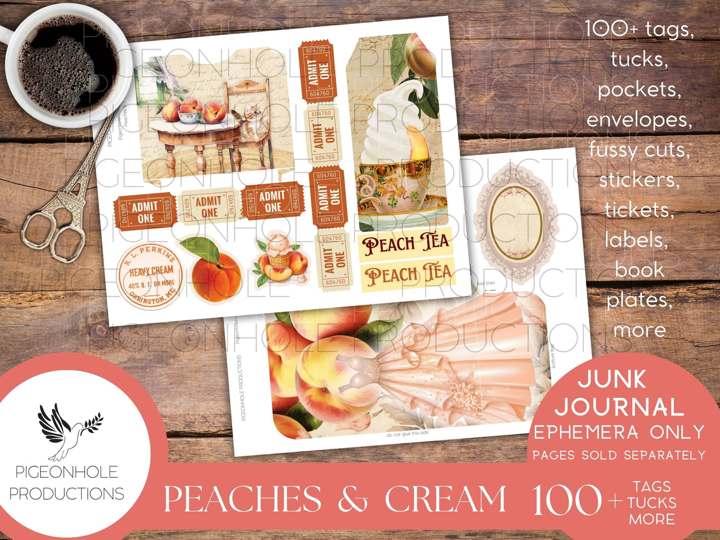 Peaches & Cream Junk Journal EPHEMERA, PRINTABLE, 95 tags, tucks, pockets, envelopes, fussy cuts, stickers, tickets, labels, bookplates