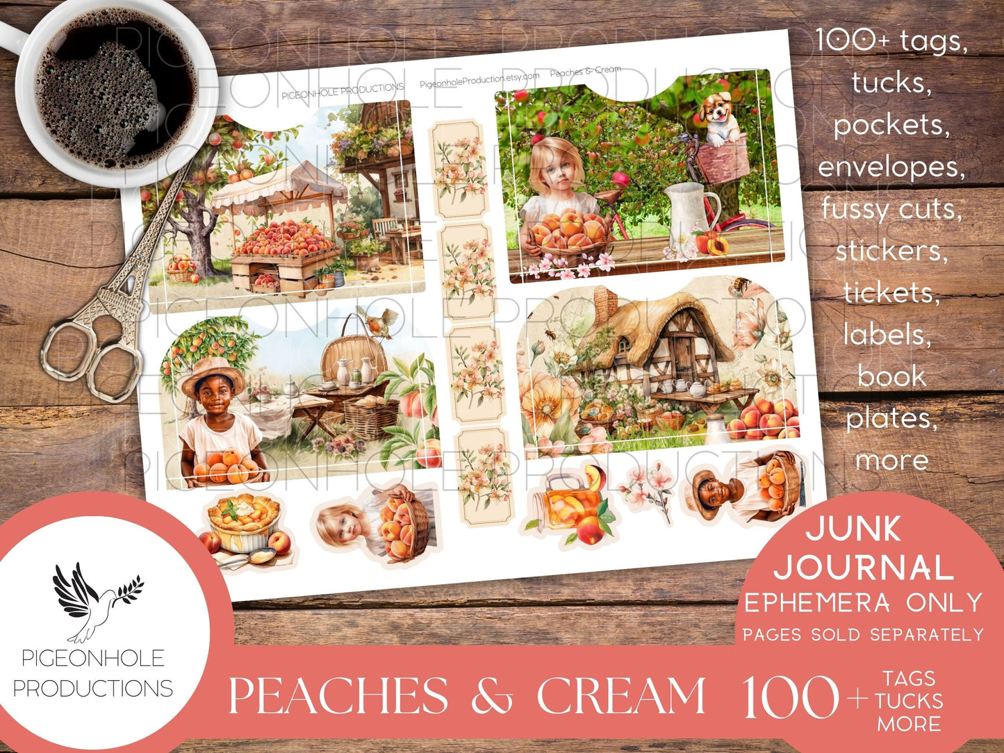 Peaches & Cream Junk Journal EPHEMERA, PRINTABLE, 95 tags, tucks, pockets, envelopes, fussy cuts, stickers, tickets, labels, bookplates