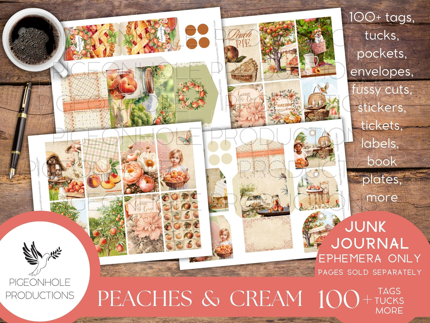 Peaches & Cream Junk Journal EPHEMERA, PRINTABLE, 95 tags, tucks, pockets, envelopes, fussy cuts, stickers, tickets, labels, bookplates