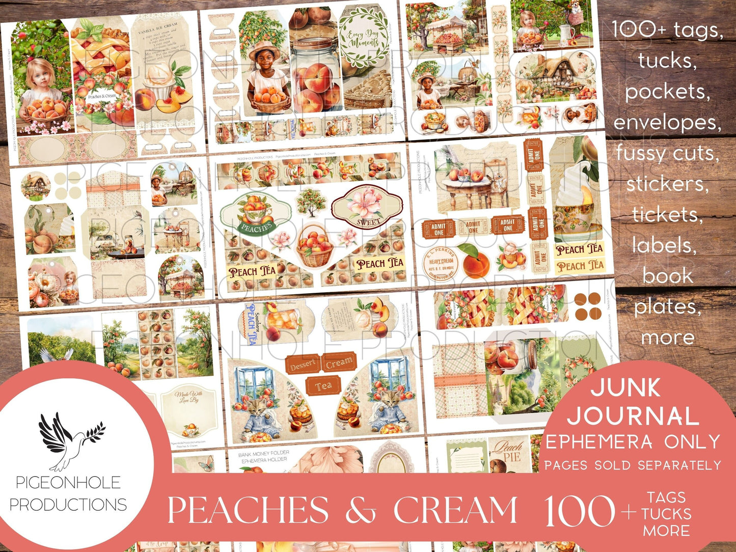 Peaches & Cream Junk Journal EPHEMERA, PRINTABLE, 95 tags, tucks, pockets, envelopes, fussy cuts, stickers, tickets, labels, bookplates