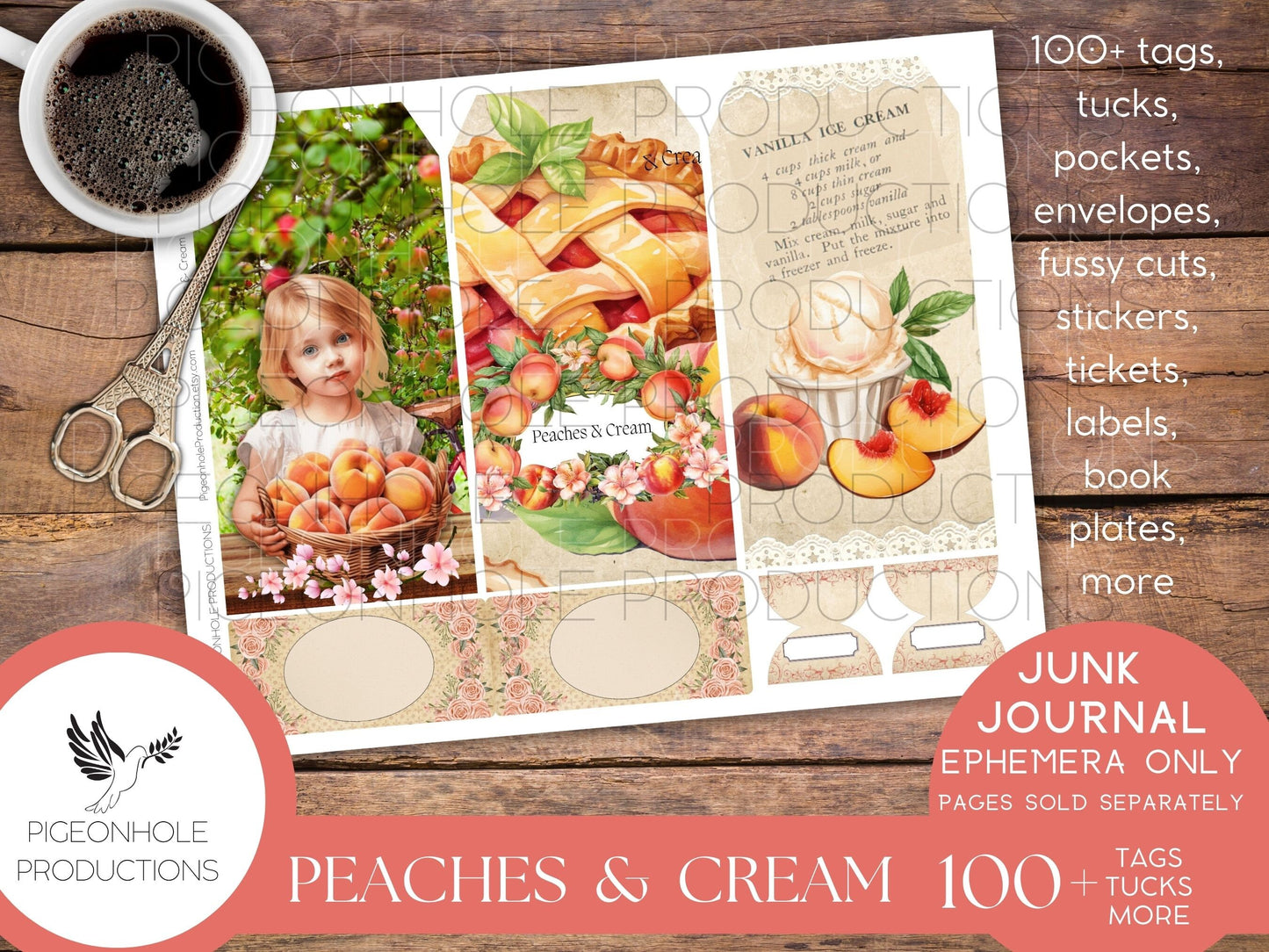 Peaches & Cream Junk Journal EPHEMERA, PRINTABLE, 95 tags, tucks, pockets, envelopes, fussy cuts, stickers, tickets, labels, bookplates