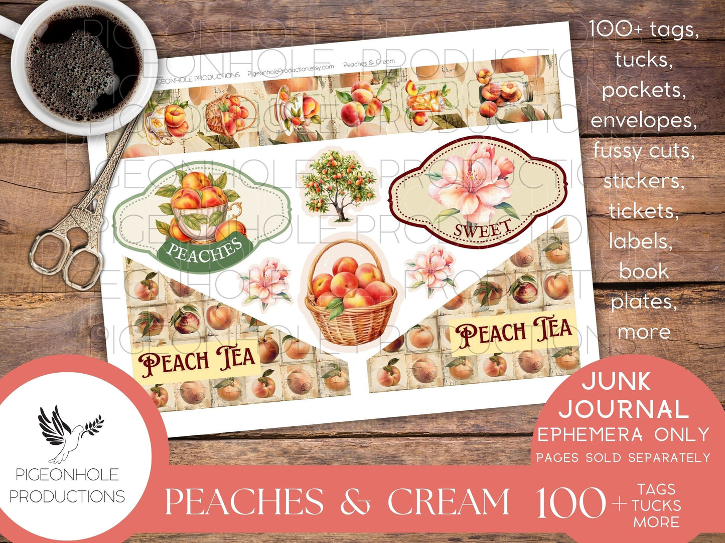 Peaches & Cream Junk Journal EPHEMERA, PRINTABLE, 95 tags, tucks, pockets, envelopes, fussy cuts, stickers, tickets, labels, bookplates