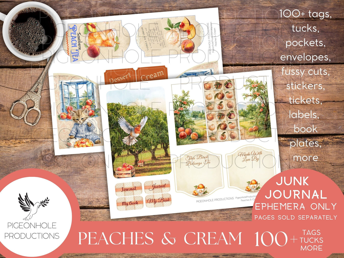 Peaches & Cream Junk Journal EPHEMERA, PRINTABLE, 95 tags, tucks, pockets, envelopes, fussy cuts, stickers, tickets, labels, bookplates