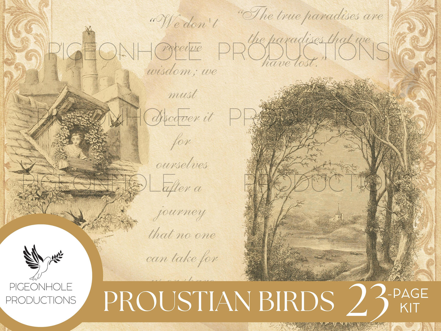 Proustian Birds Junk Journal Kit, PRINTABLE— 23 pages, backgrounds, ephemera—beautiful vintage bird illustrations and uplifting quotes!